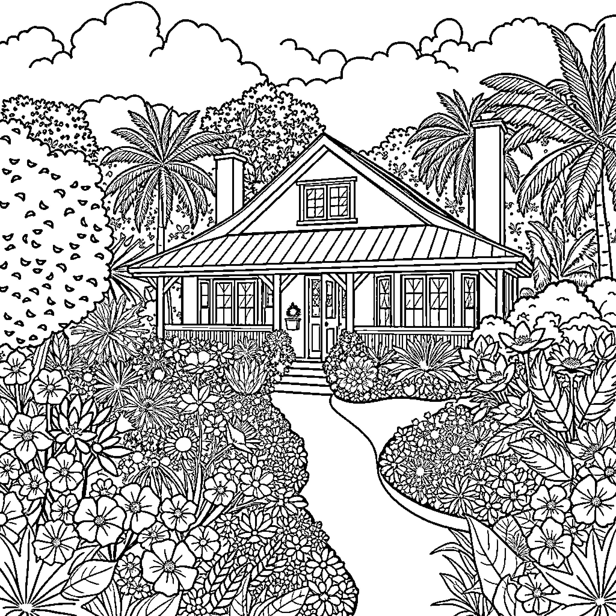 House in a tropical garden with flowers Coloring Page (free black-and-white line drawing printable PDF for all, from beginners to advanced learners, including children, teens, adults, and seniors)