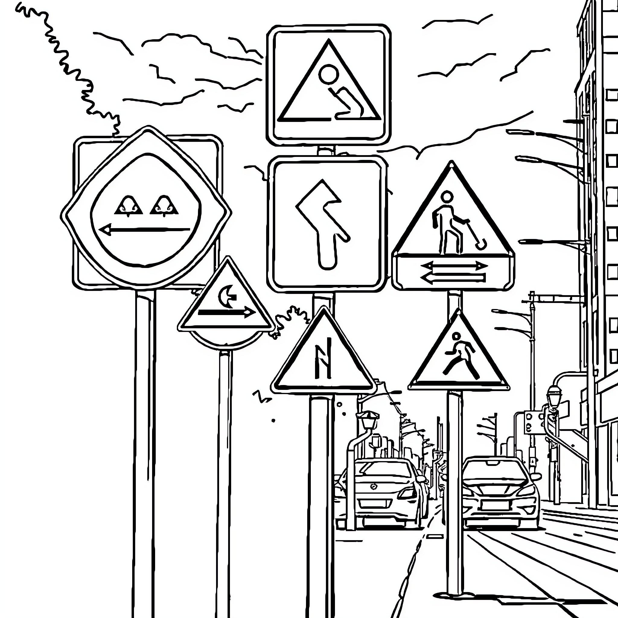 Traffic signs and road markings in the city Coloring Page (free black-and-white line drawing printable PDF for all, from beginners to advanced learners, including children, teens, adults, and seniors)