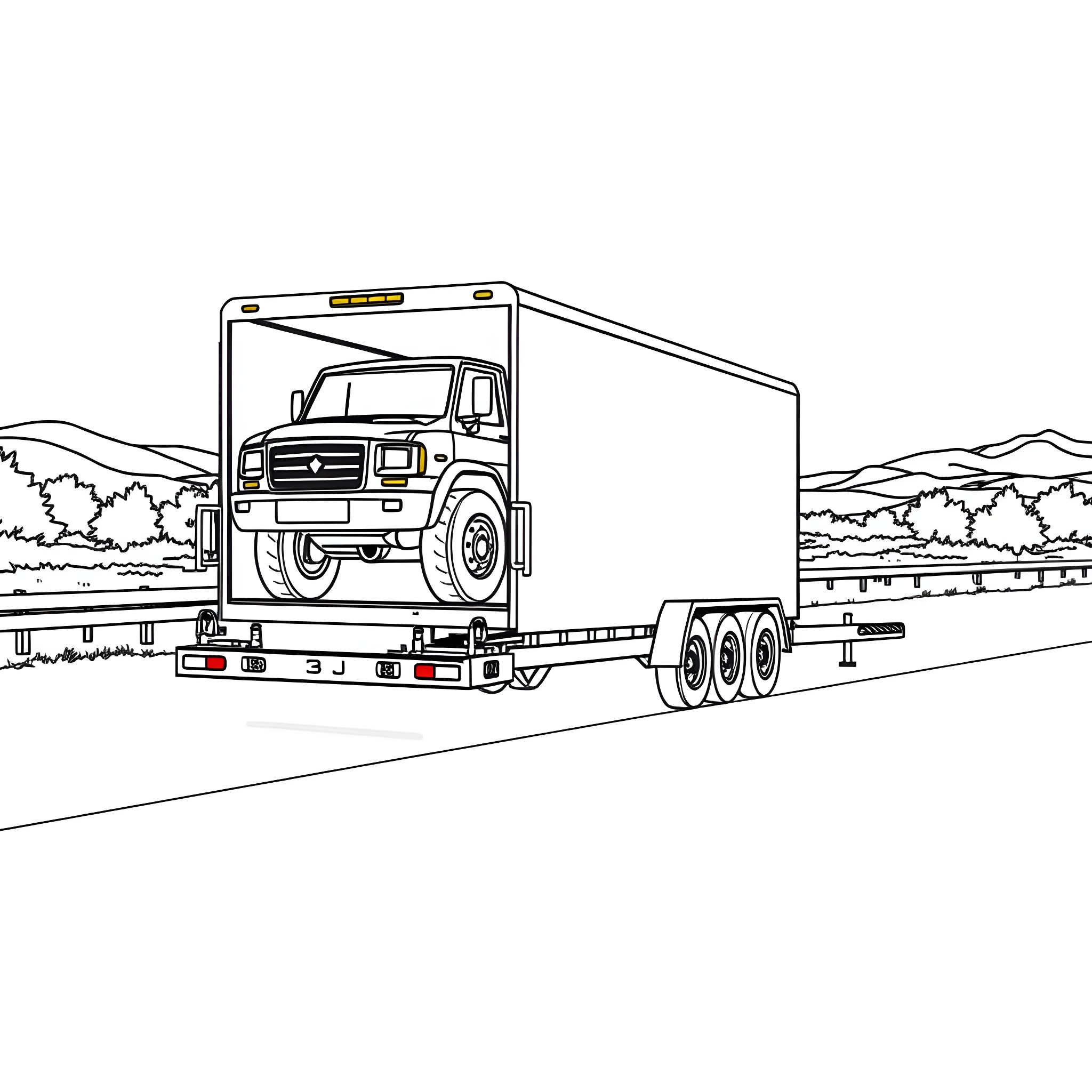 Car Trailer Carrying Cargo on the Highway Coloring Page (free black-and-white line drawing printable PDF for all, from beginners to advanced learners, including children, teens, adults, and seniors)