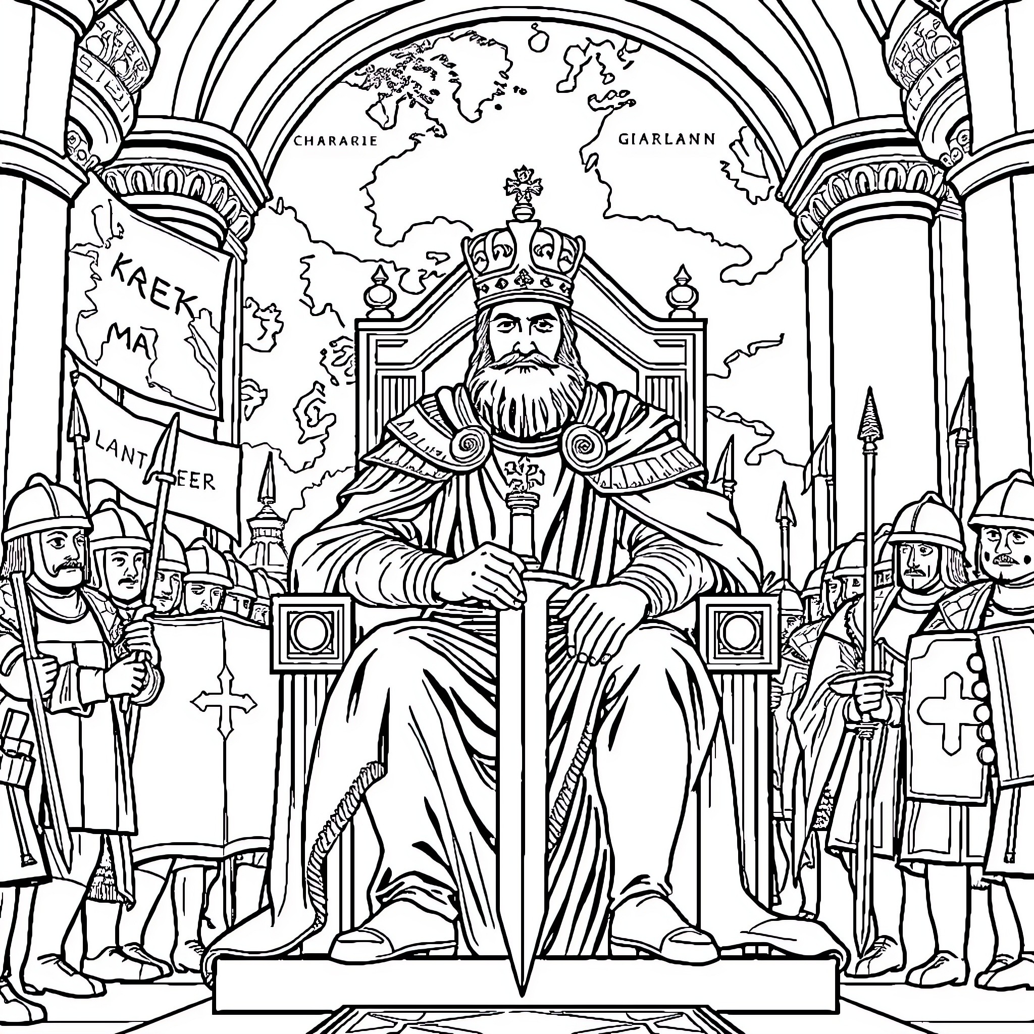 Charlemagne, the Powerful Ruler on His Throne Coloring Page (free black-and-white line drawing printable PDF for all, from beginners to advanced learners, including children, teens, adults, and seniors)