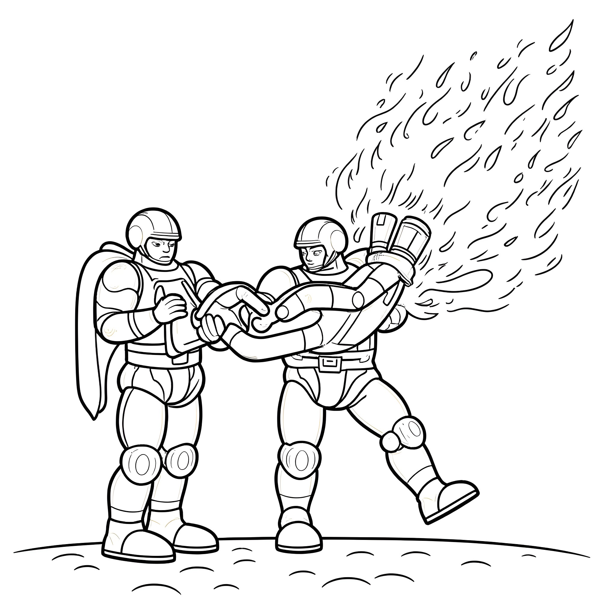 Robot firefighters extinguishing a fire Coloring Page (free black-and-white line drawing printable PDF for all, from beginners to advanced learners, including children, teens, adults, and seniors)
