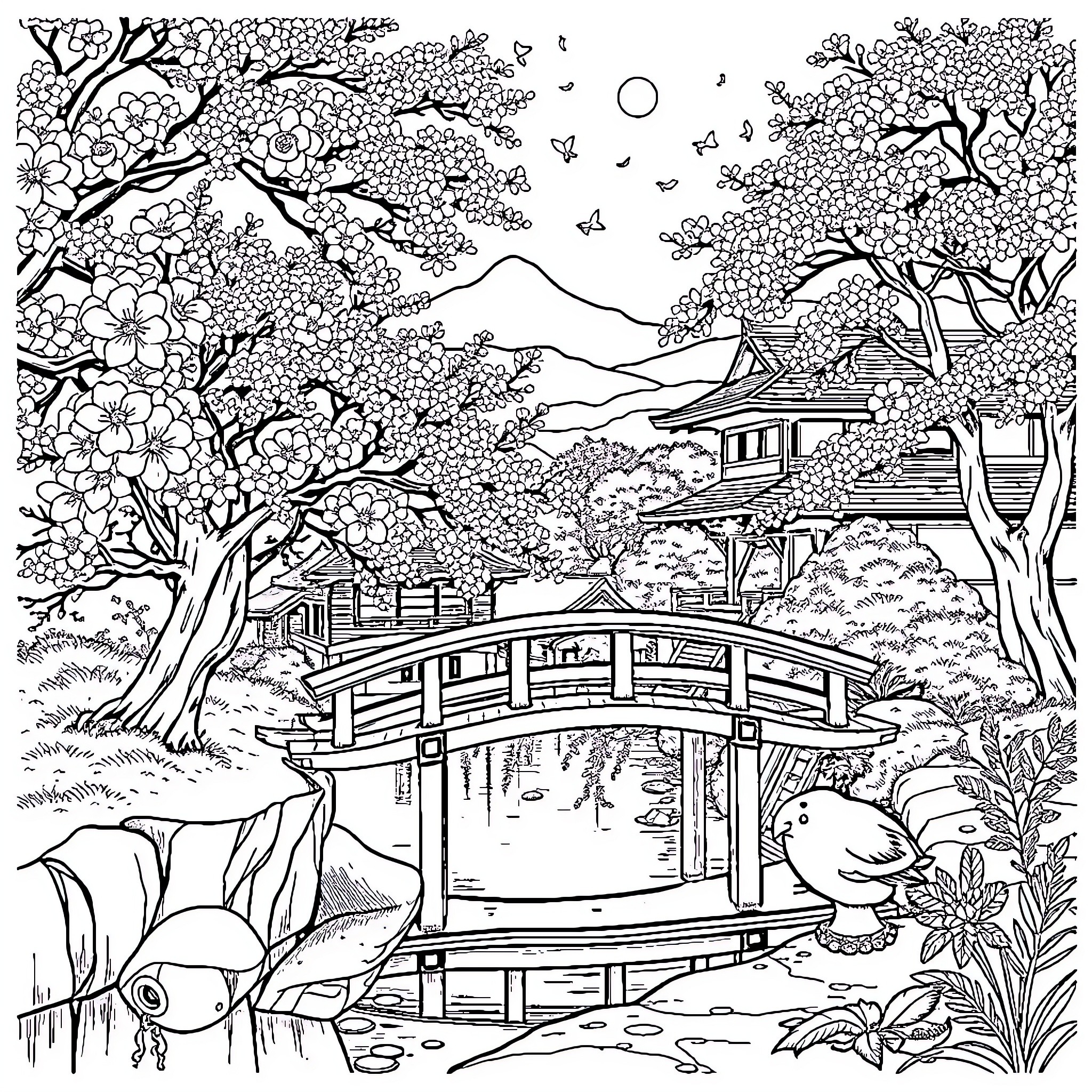 Japanese Landscape with Blooming Cherry Blossoms and Traditional Architecture Coloring Page (free black-and-white line drawing printable PDF for all, from beginners to advanced learners, including children, teens, adults, and seniors)