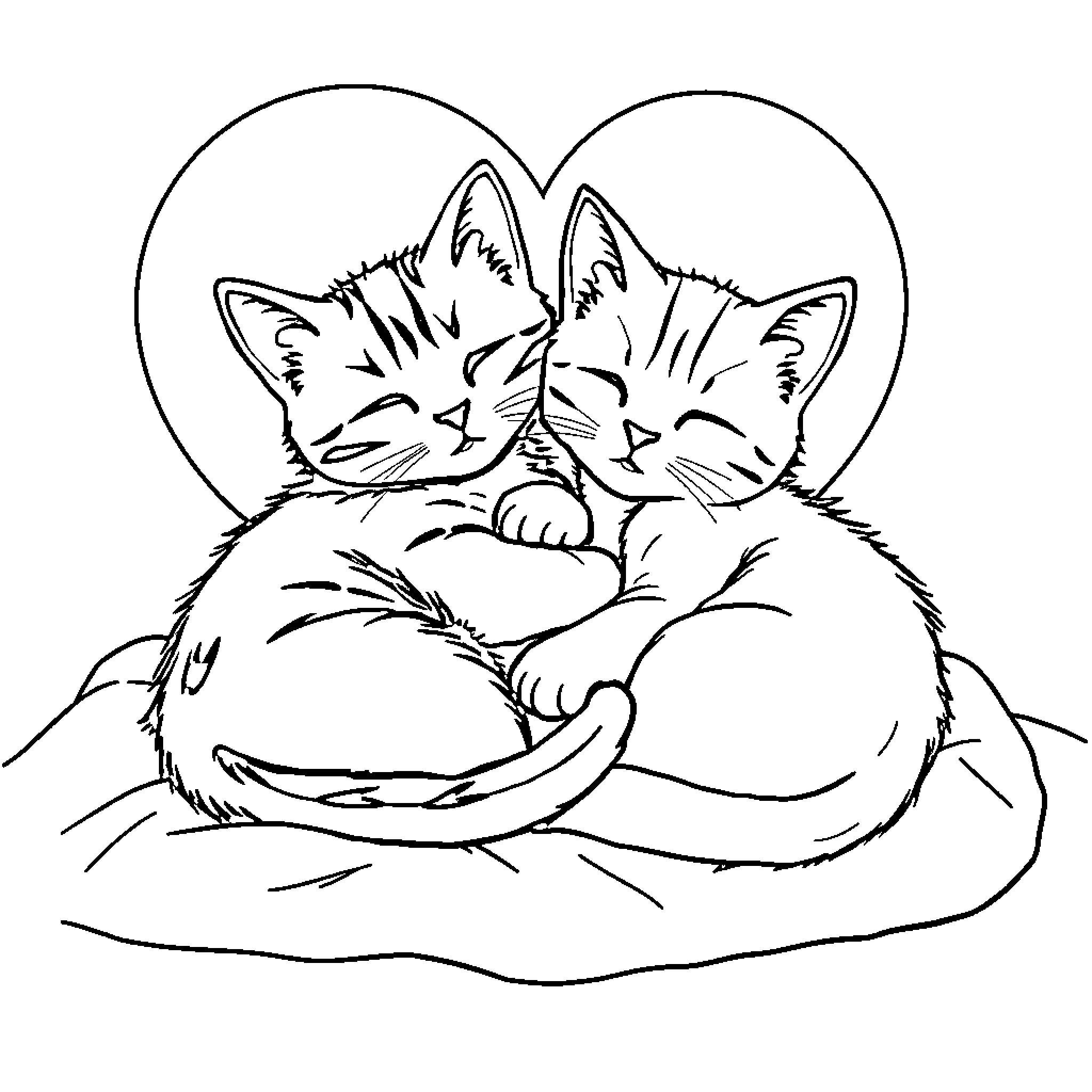 Cats cuddling together in hearts Coloring Page (free black-and-white line drawing printable PDF for all, from beginners to advanced learners, including children, teens, adults, and seniors)