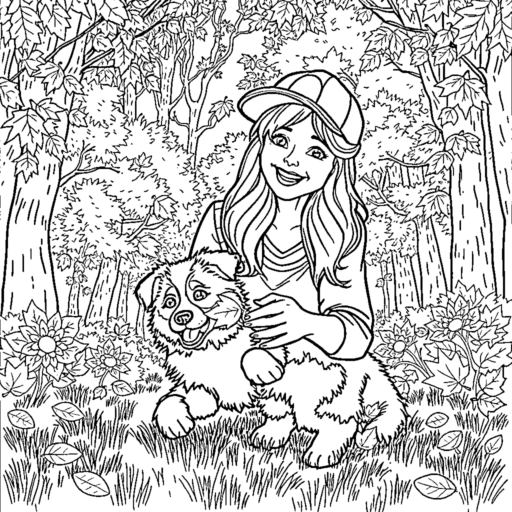 Woman with a puppy in a woodland setting Coloring Page (free black-and-white line drawing printable PDF for all, from beginners to advanced learners, including children, teens, adults, and seniors)