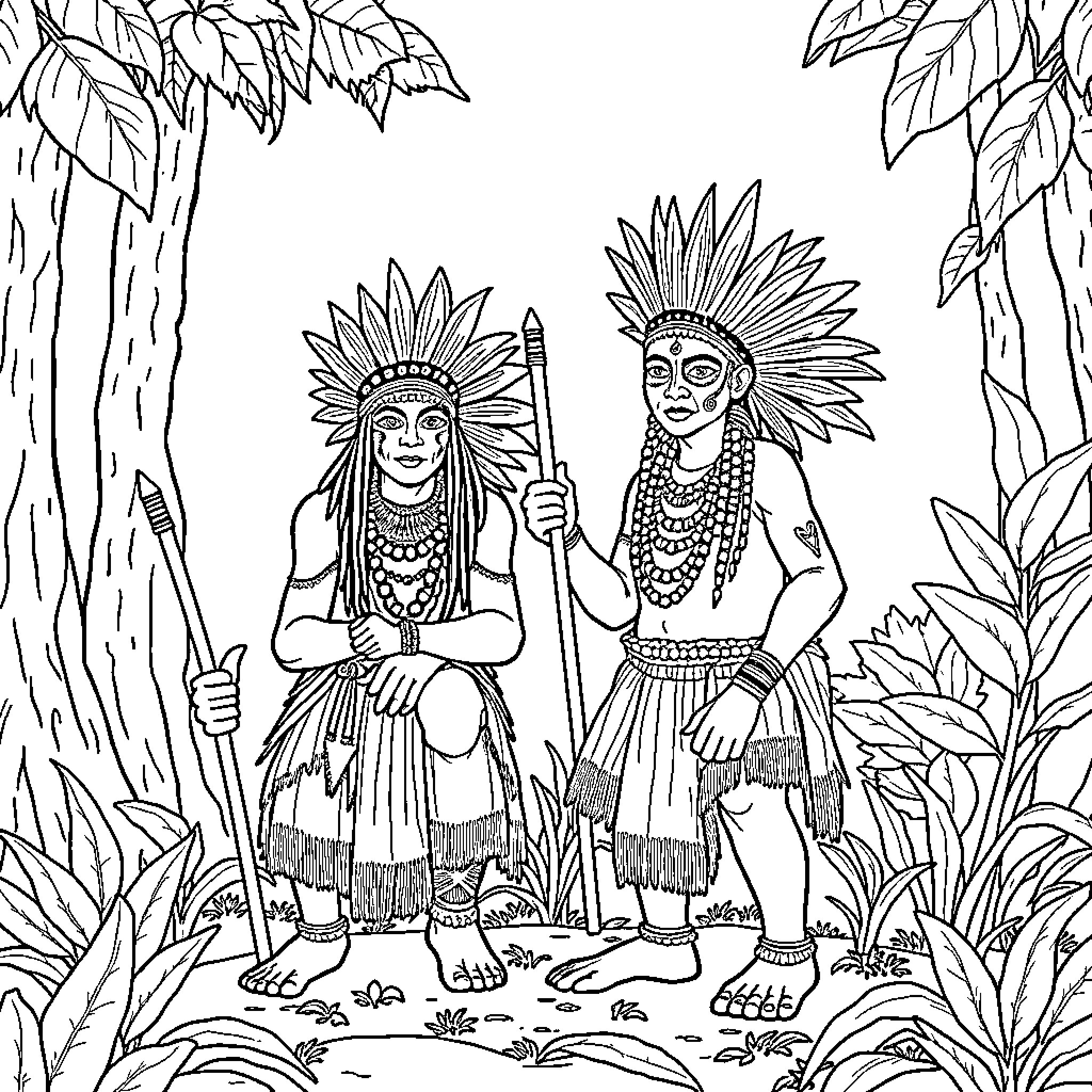 Indigenous couple in traditional dress and accessories Coloring Page (free black-and-white line drawing printable PDF for all, from beginners to advanced learners, including children, teens, adults, and seniors)