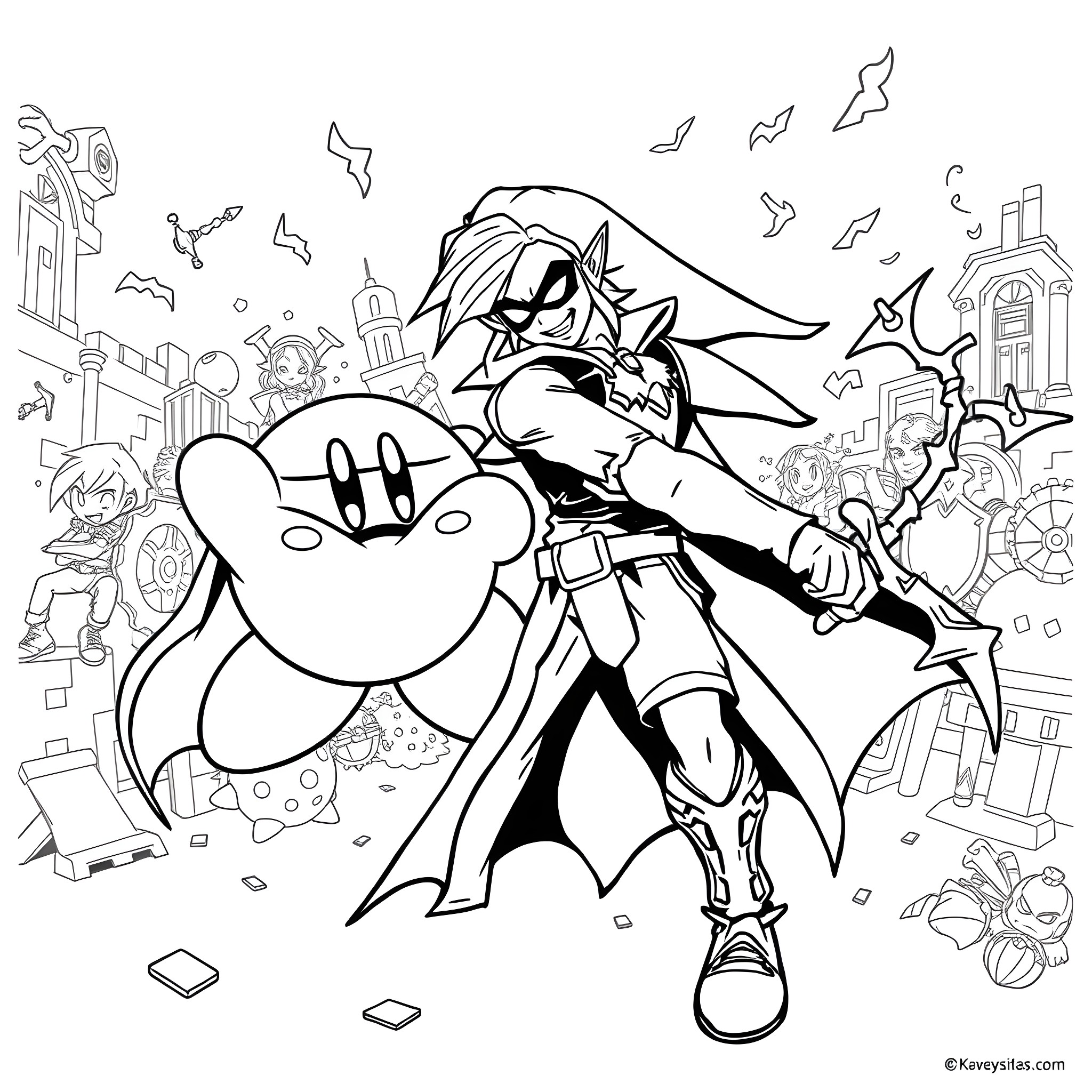 Kirby and Meta Knight in a chaotic adventure Coloring Page (free black-and-white line drawing printable PDF for all, from beginners to advanced learners, including children, teens, adults, and seniors)