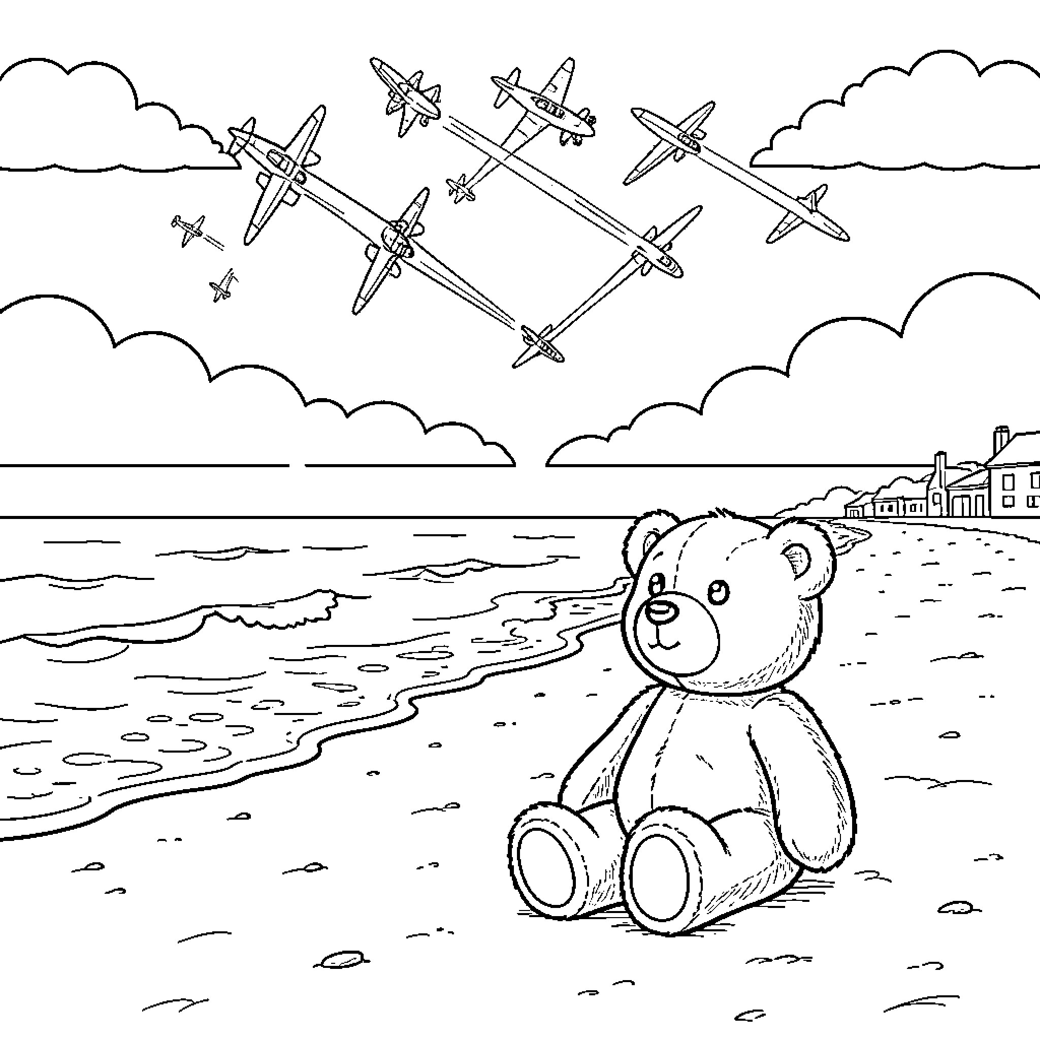 Teddy Bear watching airplanes fly over the beach Coloring Page (free black-and-white line drawing printable PDF for all, from beginners to advanced learners, including children, teens, adults, and seniors)