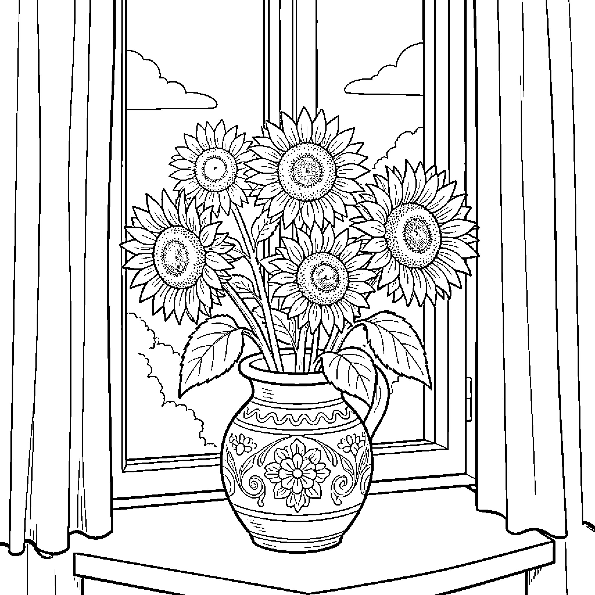 Sunflower Bouquet in Decorative Vase by Window Coloring Page (free black-and-white line drawing printable PDF for all, from beginners to advanced learners, including children, teens, adults, and seniors)