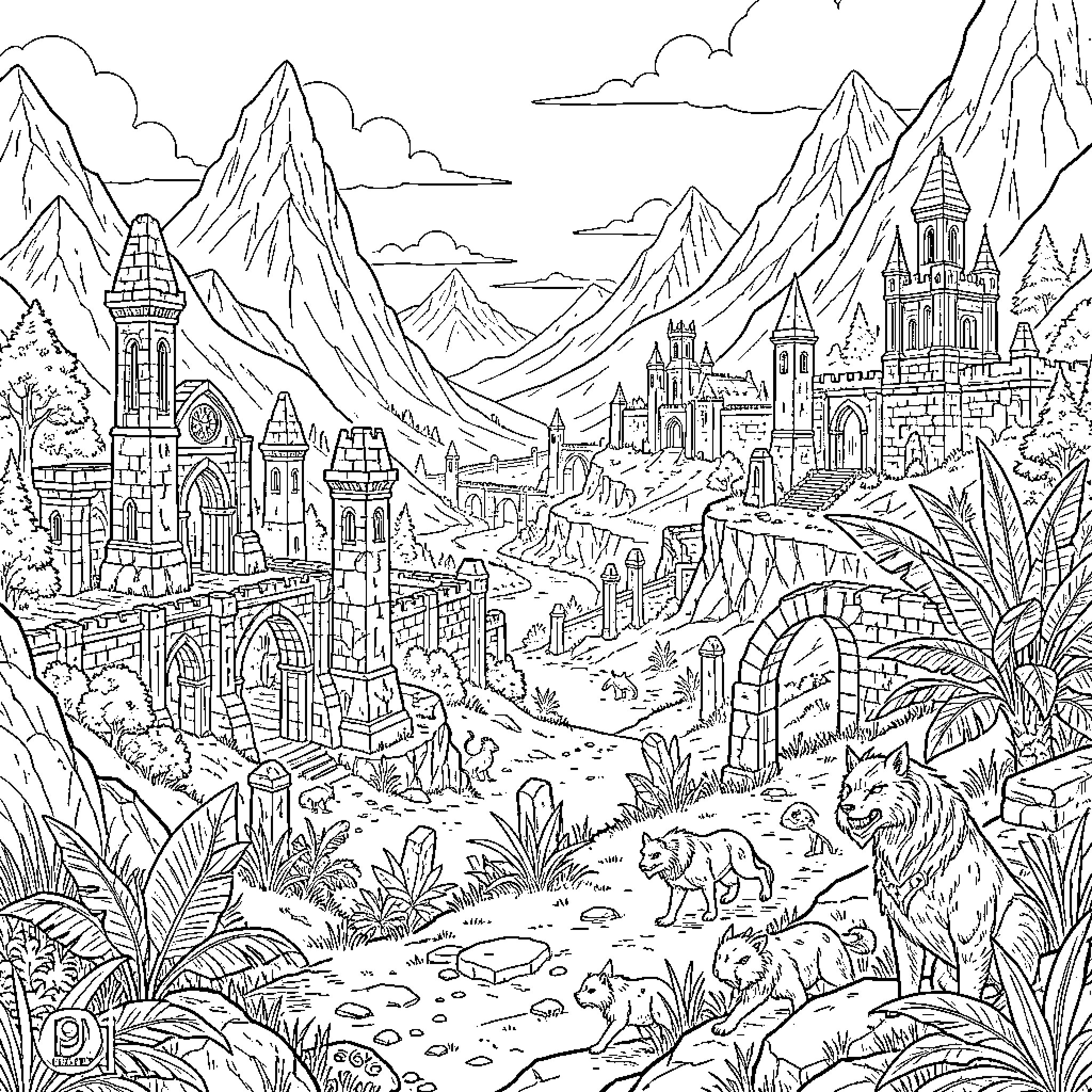 Elder Scrolls fantasy landscape with wolves and ancient ruins Coloring Page (free black-and-white line drawing printable PDF for all, from beginners to advanced learners, including children, teens, adults, and seniors)