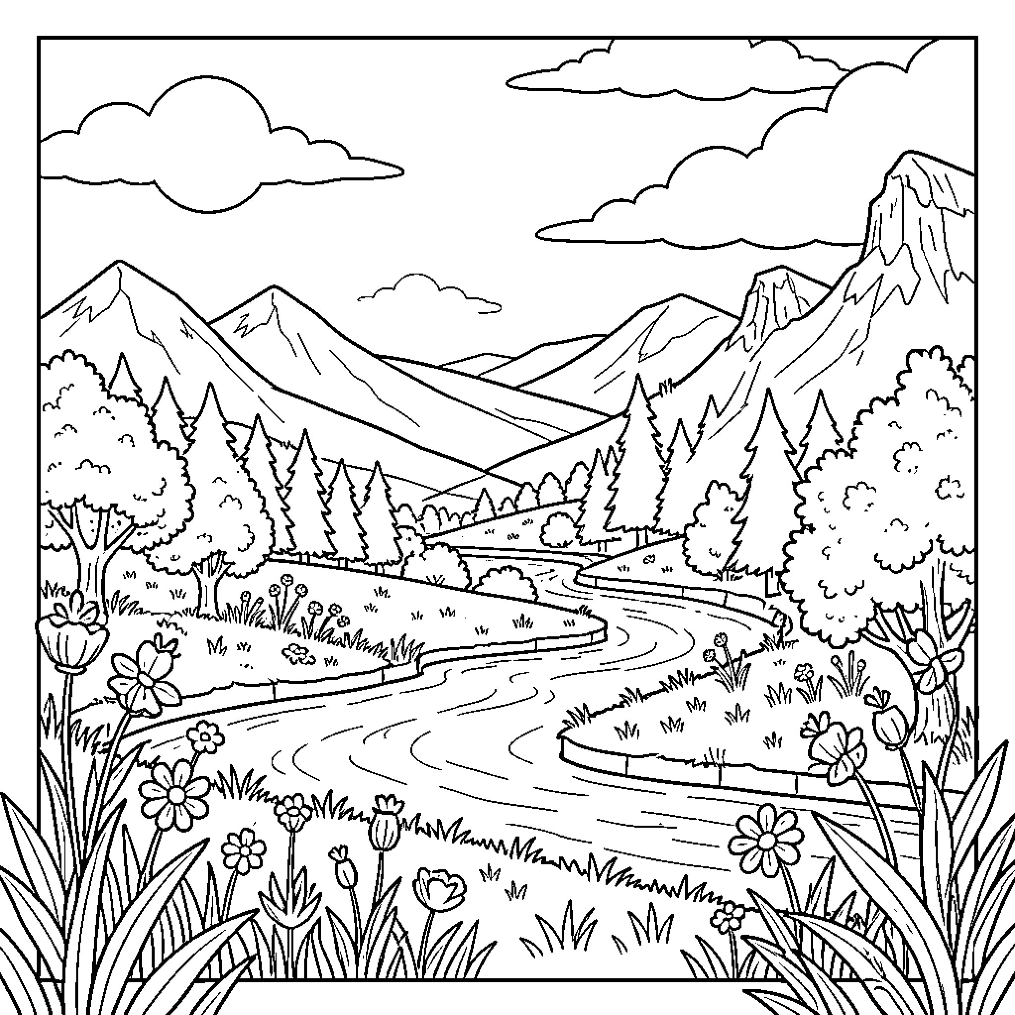GD Scenic mountain landscape with winding road Coloring Page (free black-and-white line drawing printable PDF for all, from beginners to advanced learners, including children, teens, adults, and seniors)