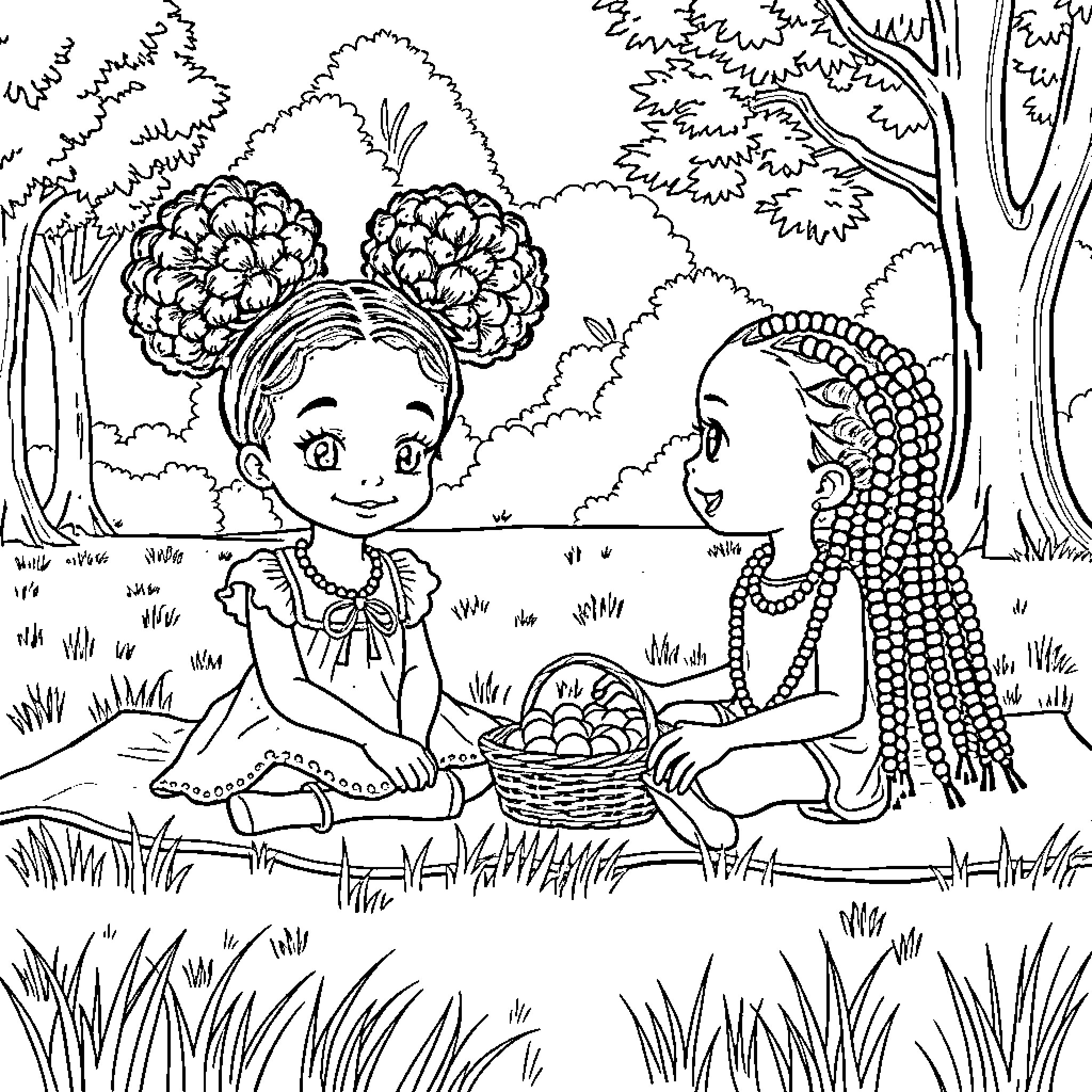 Girls in Ethnic Costumes with Basket of Flowers Coloring Page (free black-and-white line drawing printable PDF for all, from beginners to advanced learners, including children, teens, adults, and seniors)