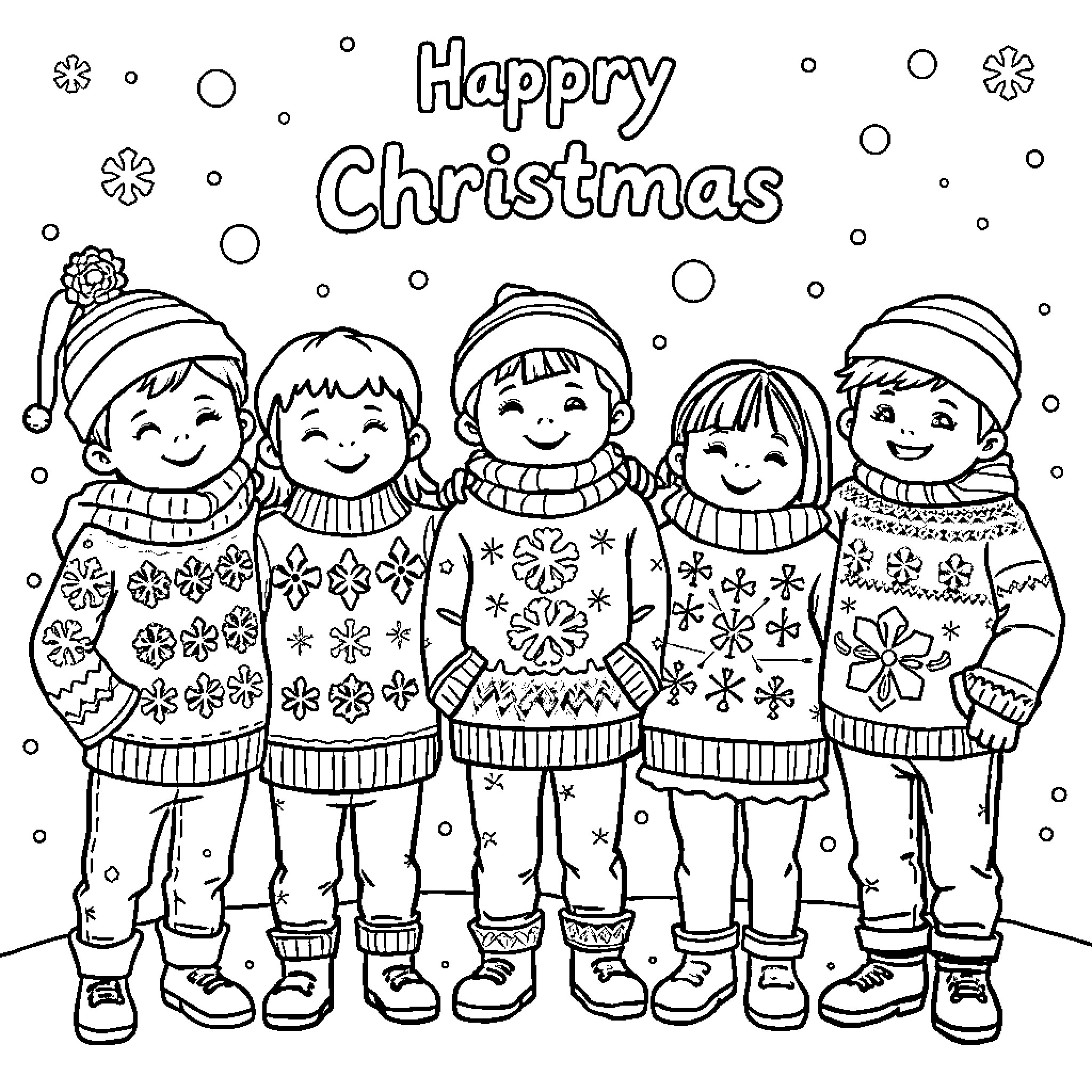 Kid friends celebrate Happy Christmas in winter outfits Coloring Page (free black-and-white line drawing printable PDF for all, from beginners to advanced learners, including children, teens, adults, and seniors)