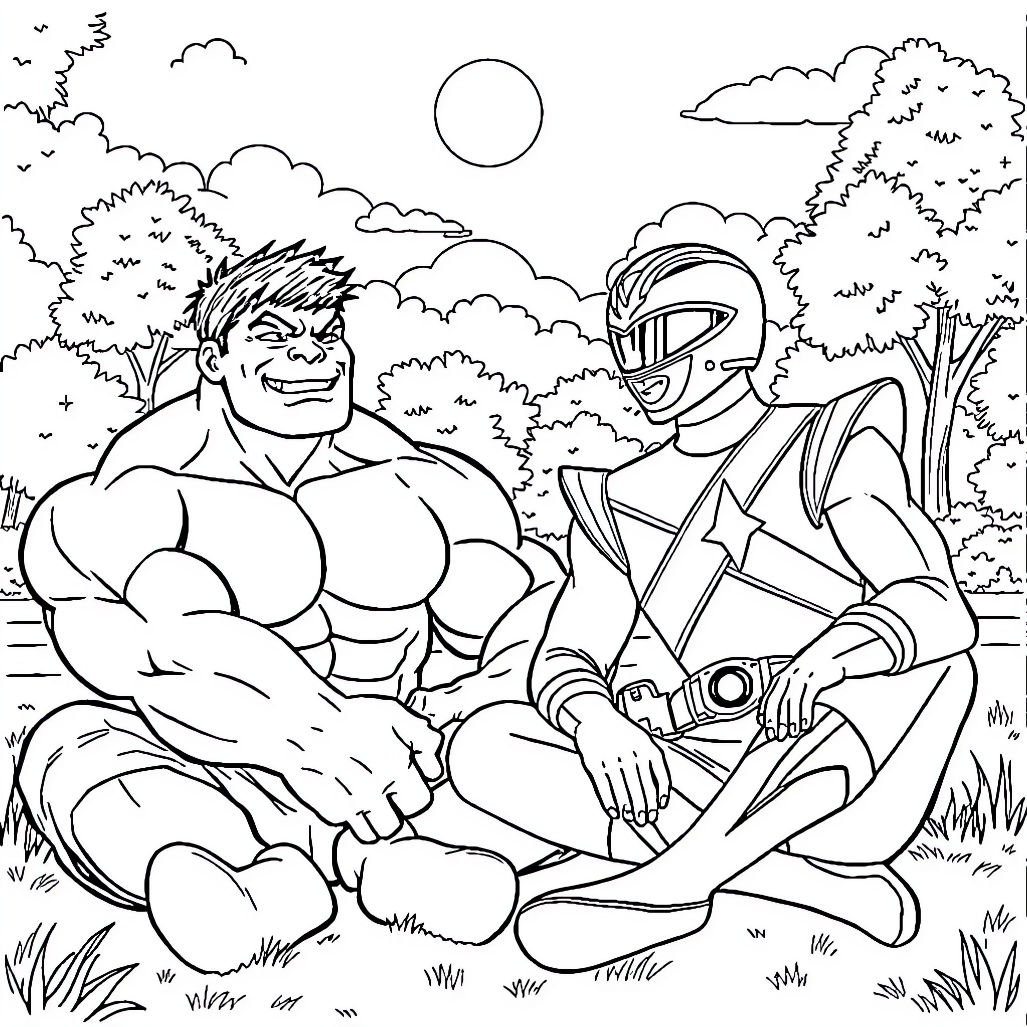 Hulk and Superhero Enjoying Outdoor Scene Coloring Page (free black-and-white line drawing printable PDF for all, from beginners to advanced learners, including children, teens, adults, and seniors)