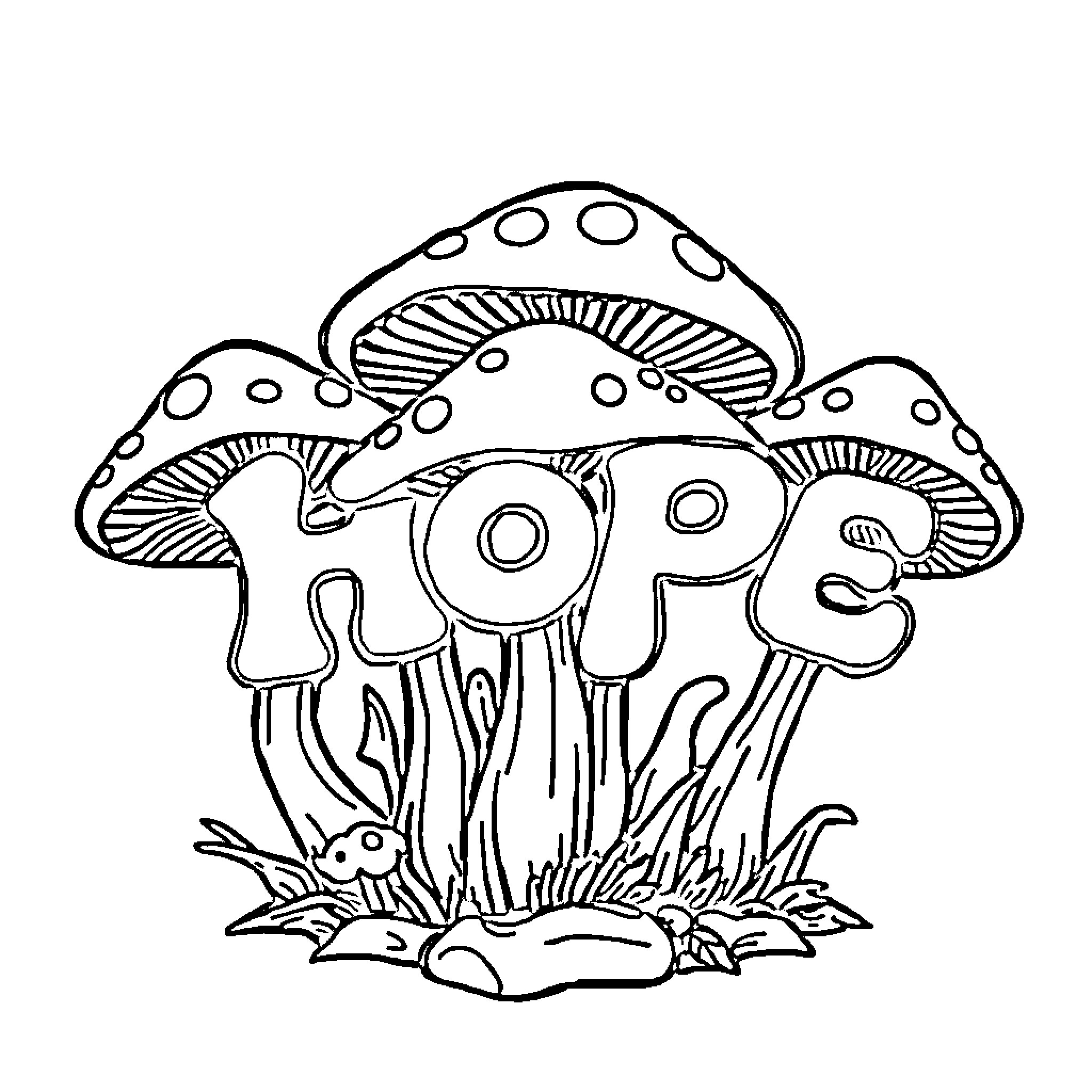 Mushroom fantasy illustration with whimsical design Coloring Page (free black-and-white line drawing printable PDF for all, from beginners to advanced learners, including children, teens, adults, and seniors)