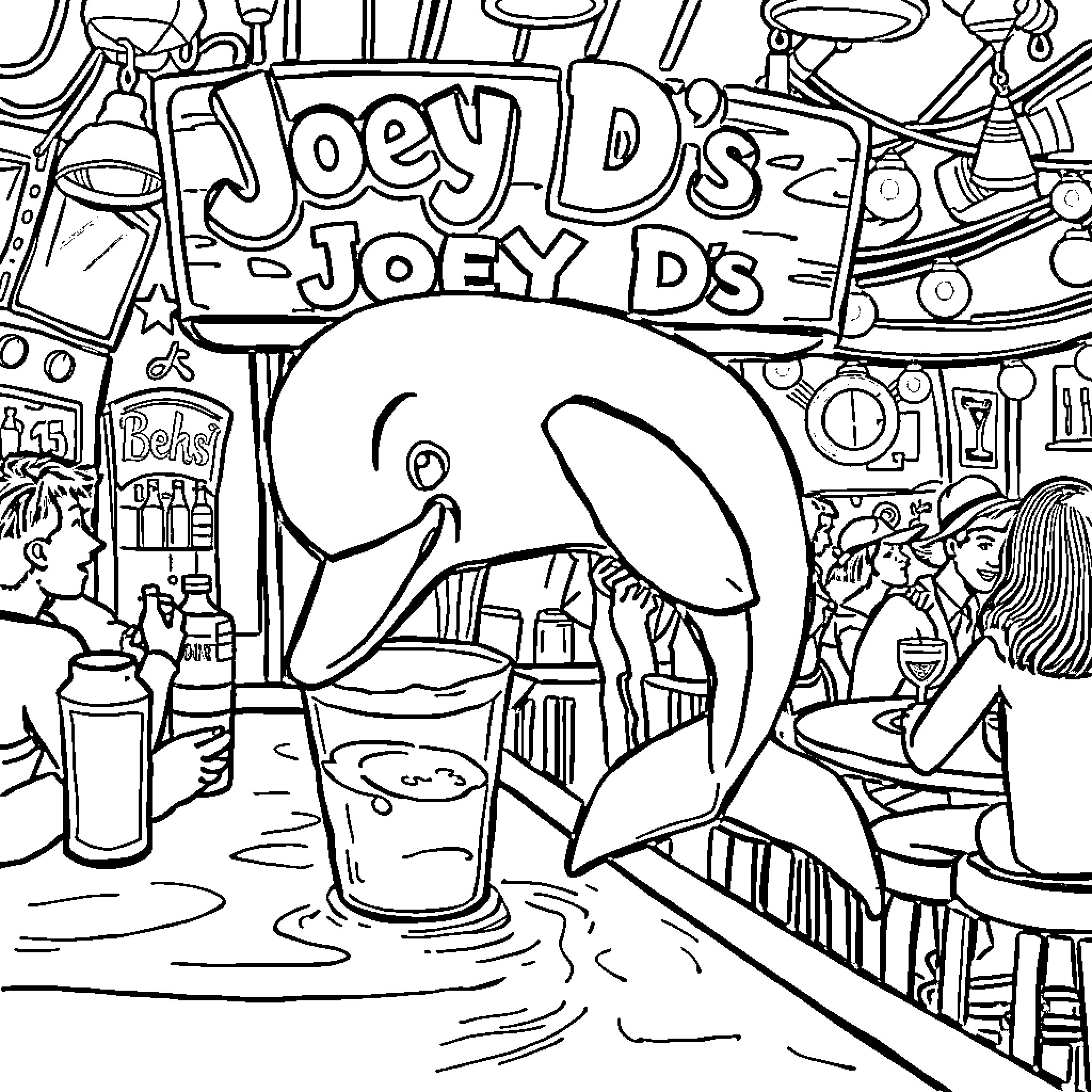 Dolphin swimming in Joey D's Joey D's restaurant Coloring Page (free black-and-white line drawing printable PDF for all, from beginners to advanced learners, including children, teens, adults, and seniors)