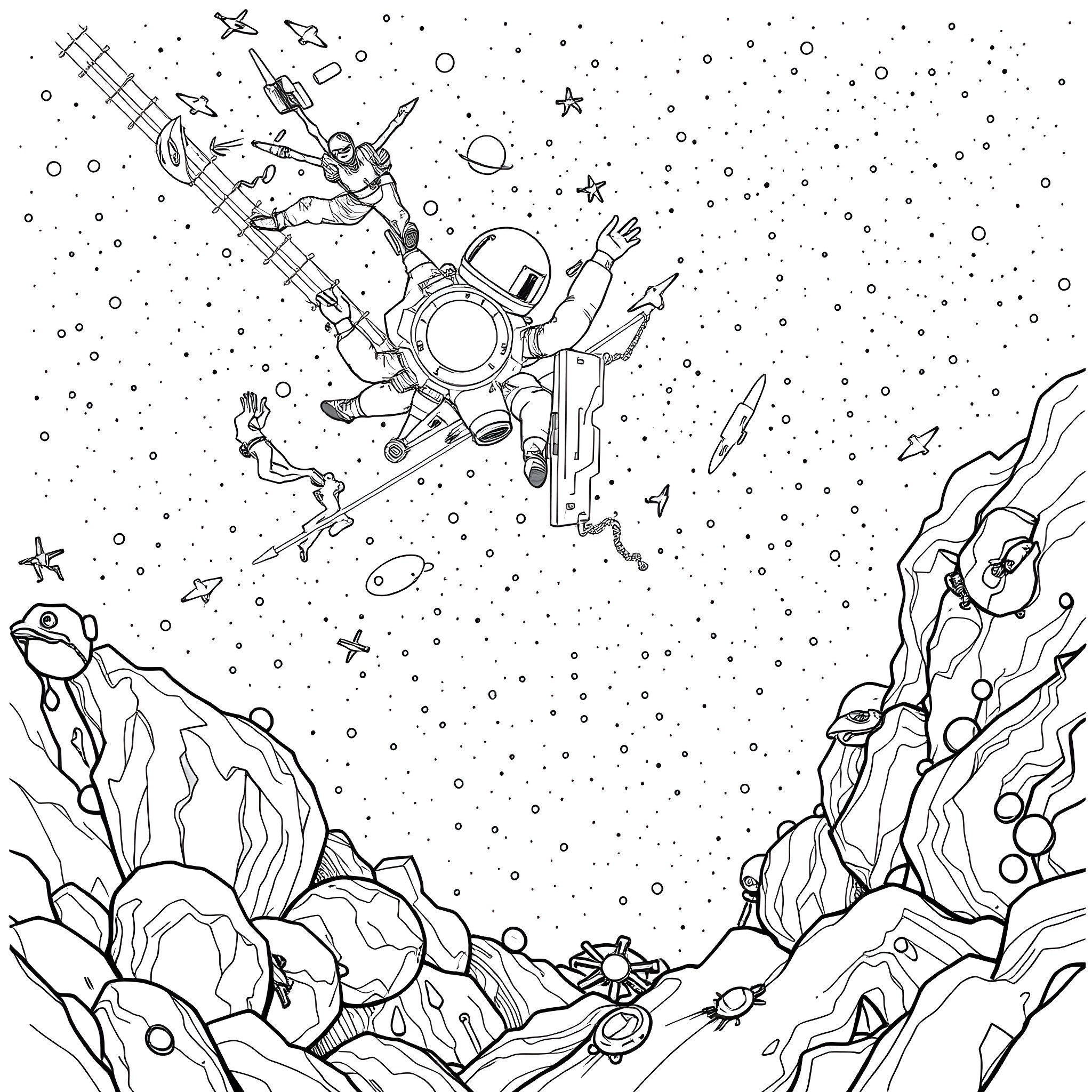 Terence McKenna floating through cosmic space Coloring Page (free black-and-white line drawing printable PDF for all, from beginners to advanced learners, including children, teens, adults, and seniors)