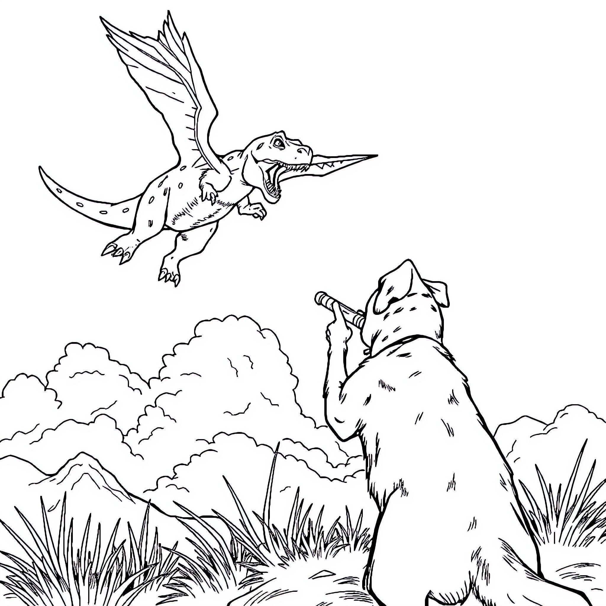 Dog Chasing Mythical Creature in Nature Coloring Page (free black-and-white line drawing printable PDF for all, from beginners to advanced learners, including children, teens, adults, and seniors)