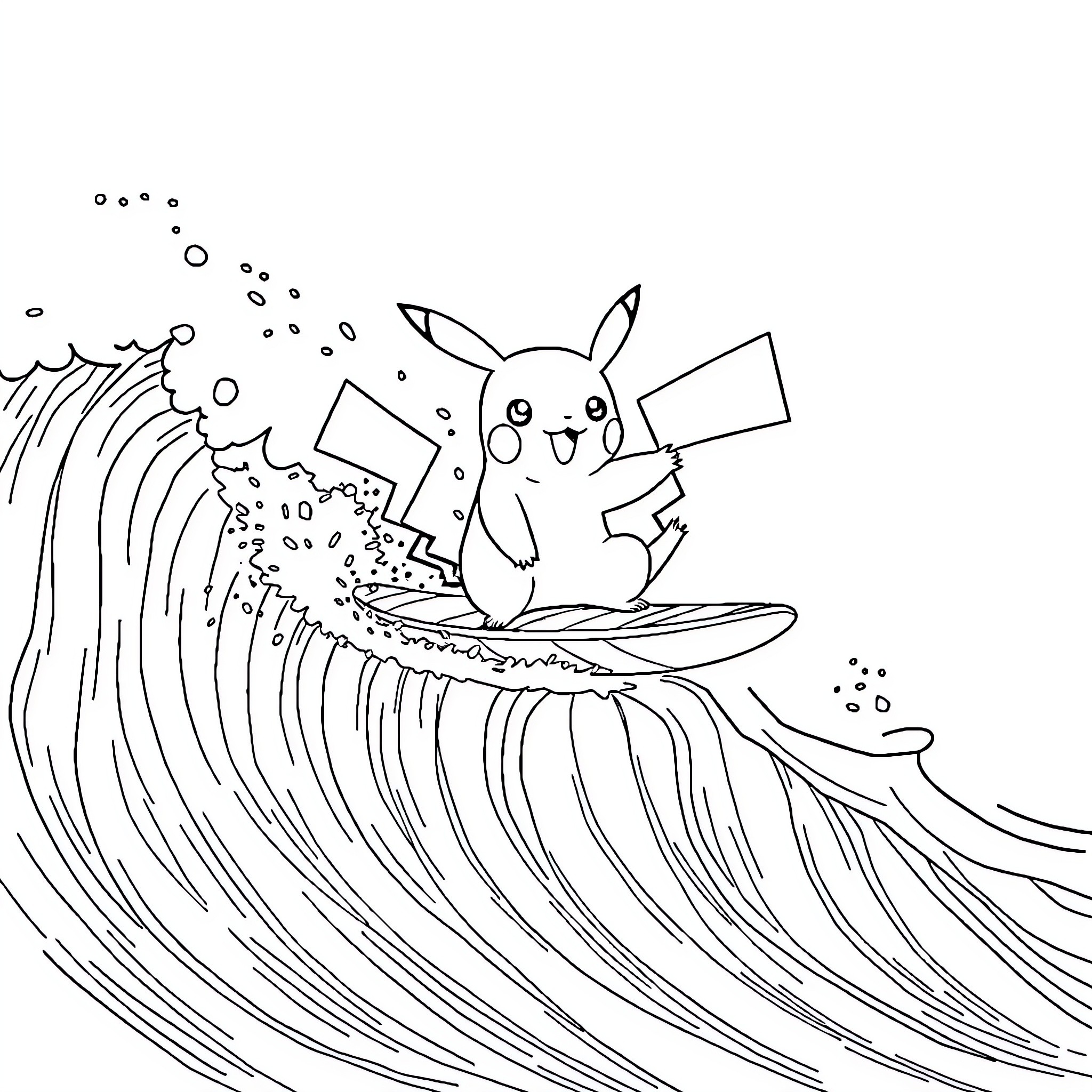 Pikachu surfing on a wave Coloring Page (free black-and-white line drawing printable PDF for all, from beginners to advanced learners, including children, teens, adults, and seniors)