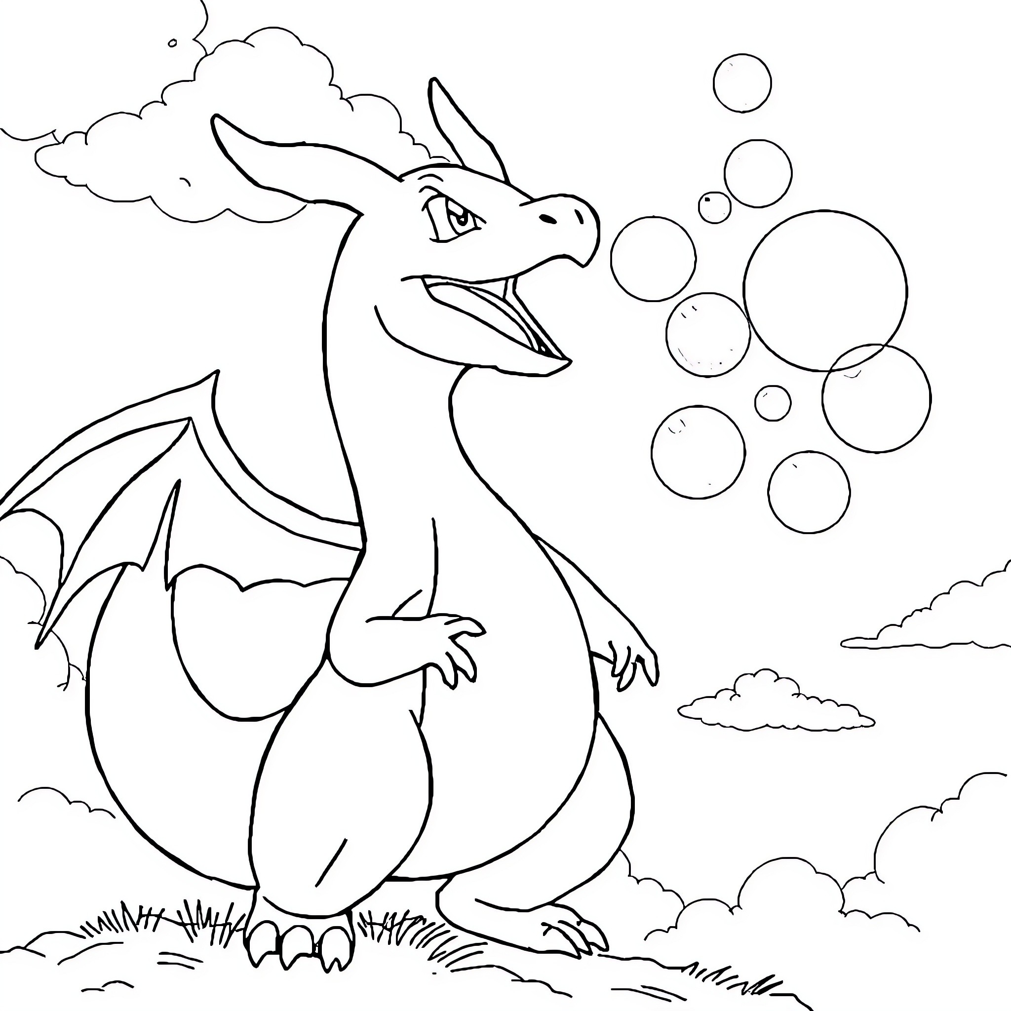 Charizard enjoying the outdoors with bubbles Coloring Page (free black-and-white line drawing printable PDF for all, from beginners to advanced learners, including children, teens, adults, and seniors)