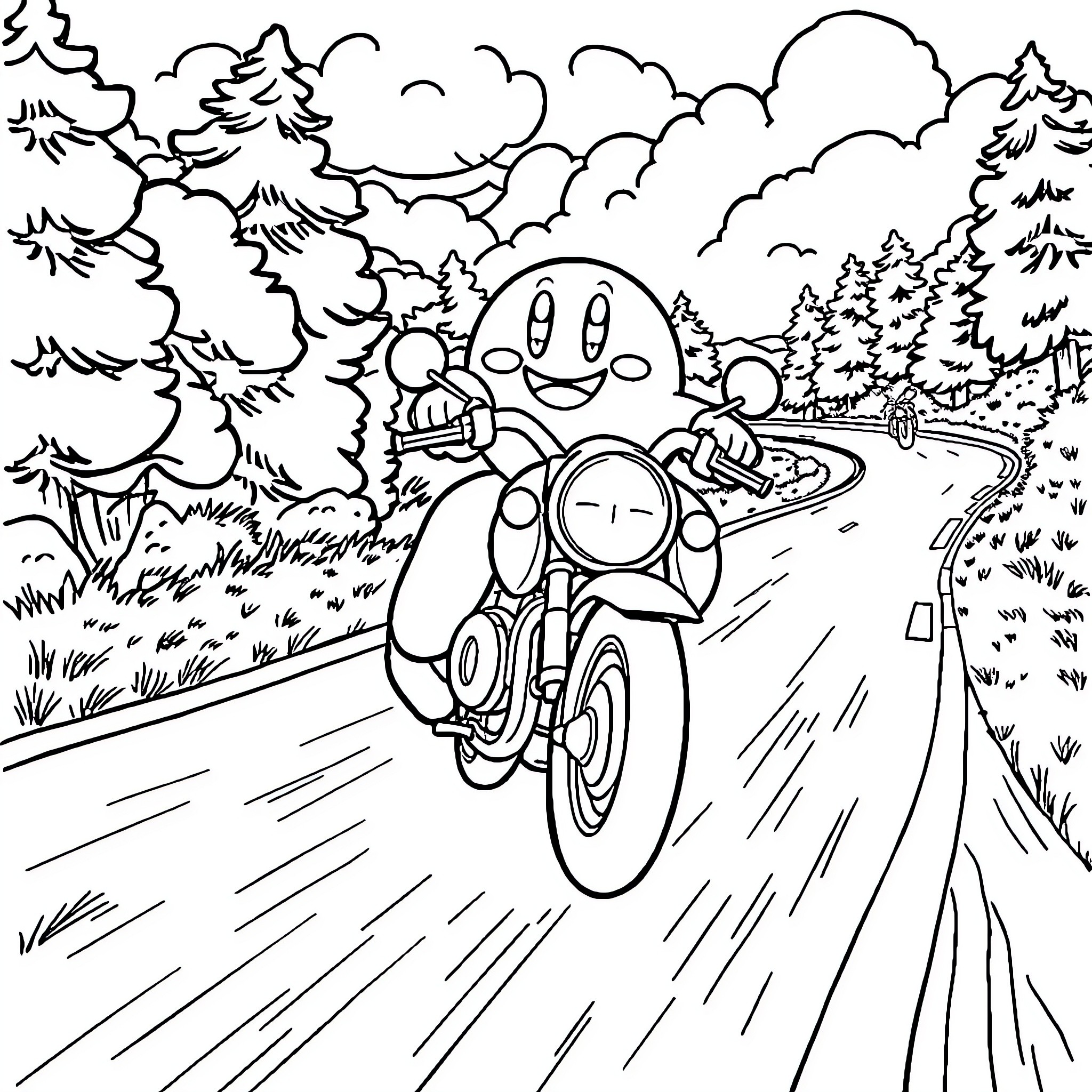 Kirby riding a motorcycle through a scenic forest Coloring Page (free black-and-white line drawing printable PDF for all, from beginners to advanced learners, including children, teens, adults, and seniors)