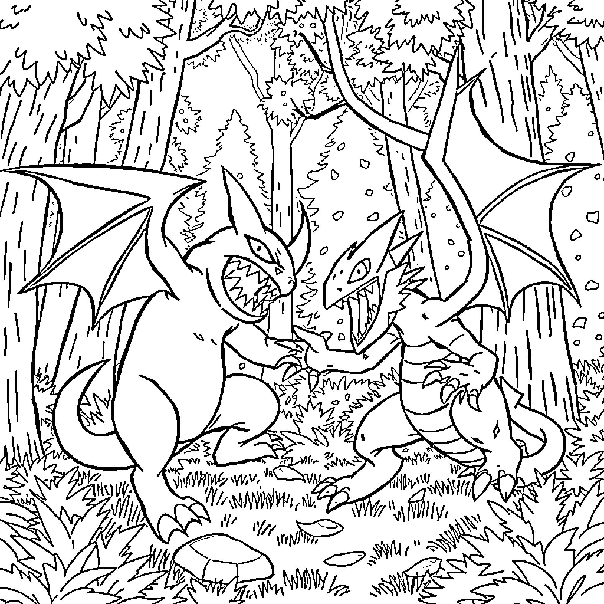 Pokémon Fierce Dragon Battle in Forest Coloring Page (free black-and-white line drawing printable PDF for all, from beginners to advanced learners, including children, teens, adults, and seniors)