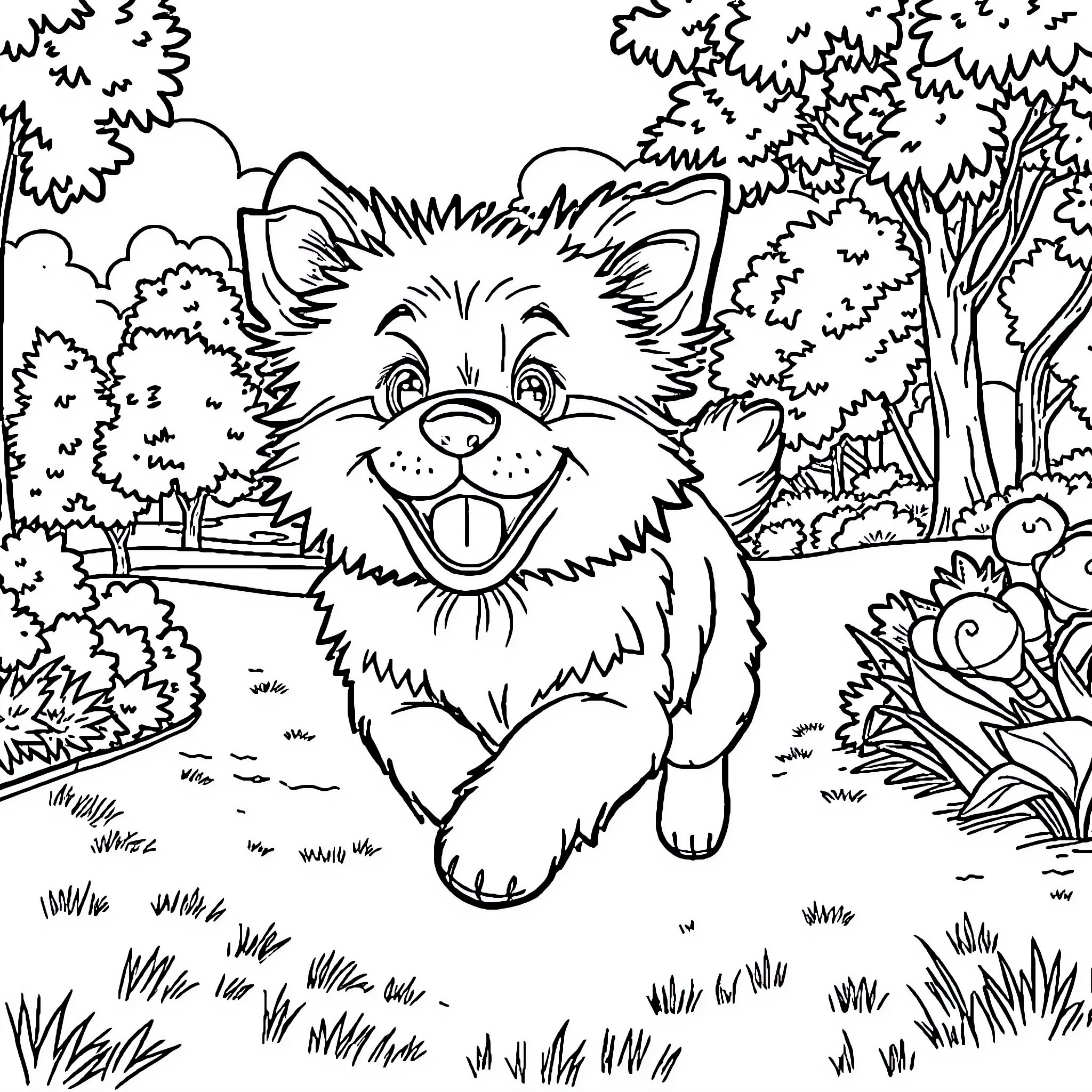 Labubu's playful adventure in the forest Coloring Page (free black-and-white line drawing printable PDF for all, from beginners to advanced learners, including children, teens, adults, and seniors)