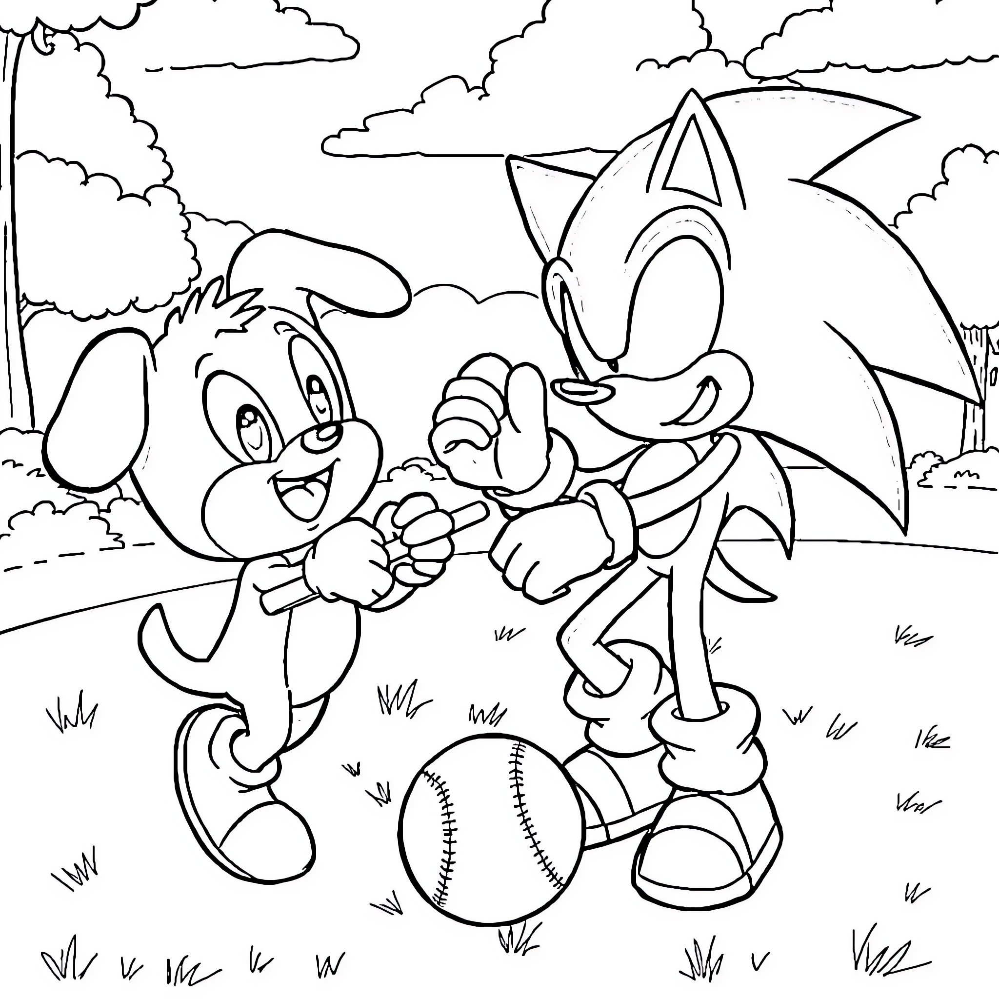 Bluey and Sonic Playing Baseball Together Coloring Page (free black-and-white line drawing printable PDF for all, from beginners to advanced learners, including children, teens, adults, and seniors)