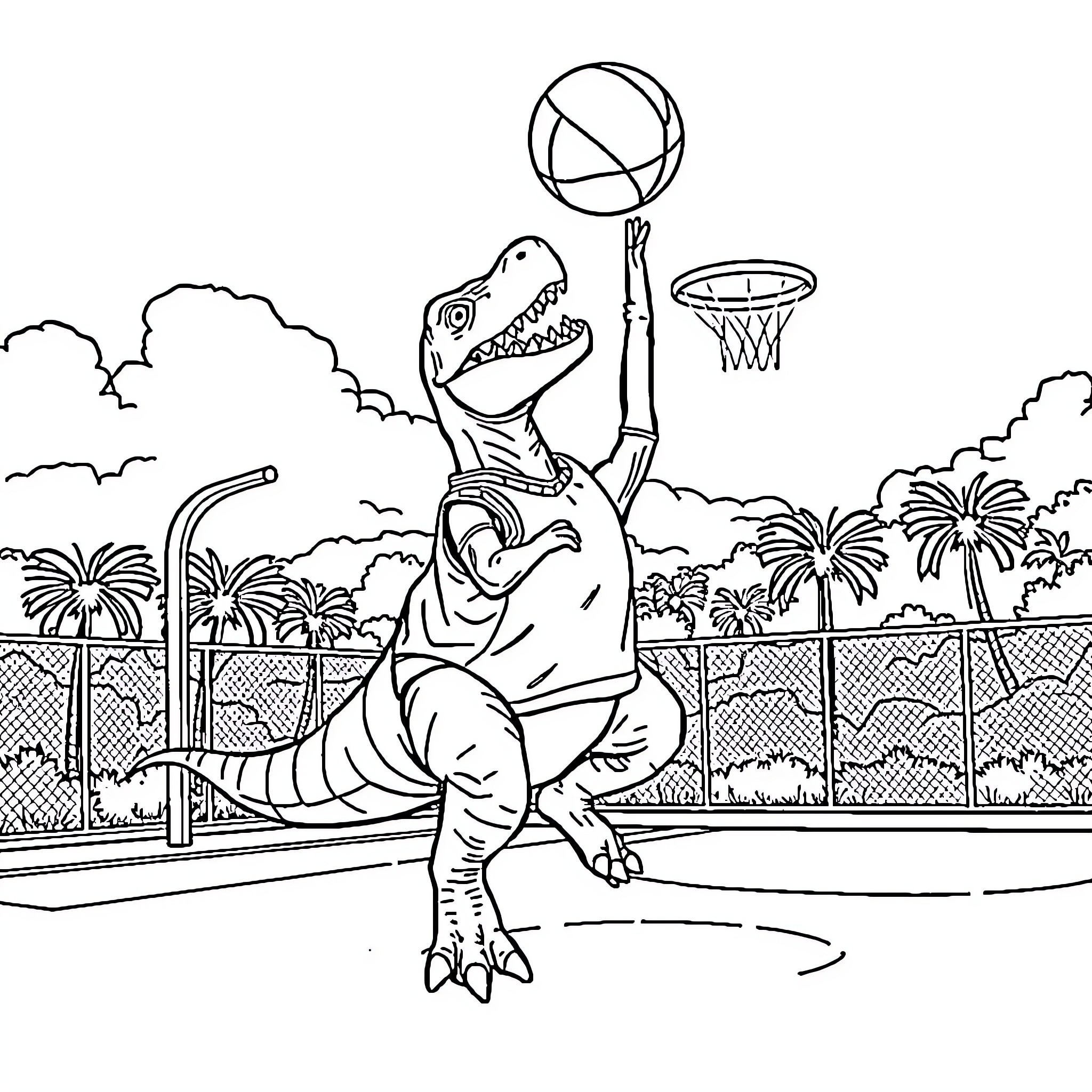 Tyrannosaurus playing basketball on outdoor court Coloring Page (free black-and-white line drawing printable PDF for all, from beginners to advanced learners, including children, teens, adults, and seniors)