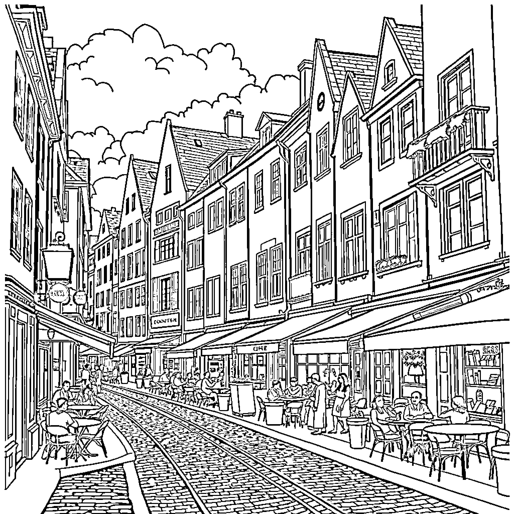 Cityscape of a bustling town square with shops and people Coloring Page (free black-and-white line drawing printable PDF for all, from beginners to advanced learners, including children, teens, adults, and seniors)