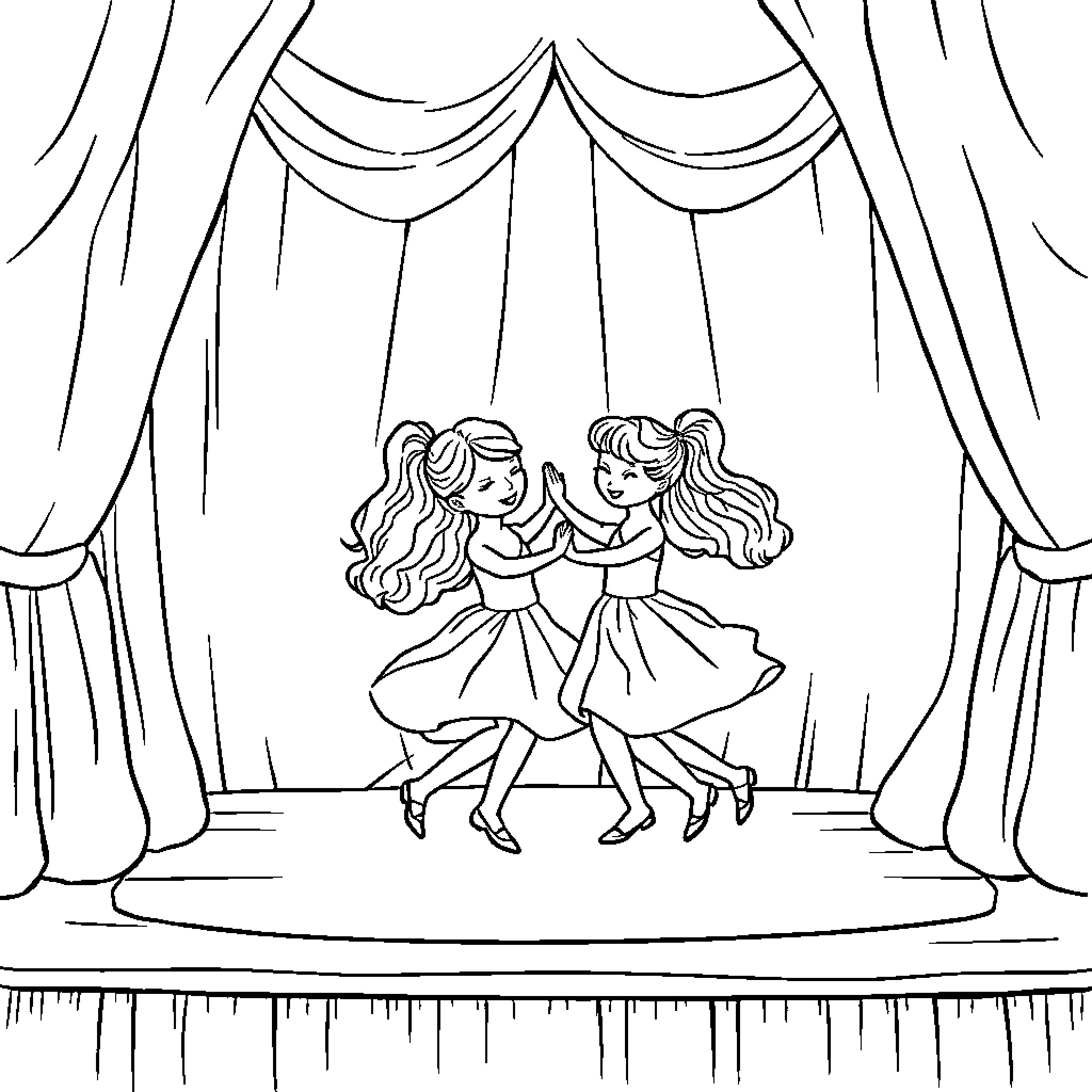 Doll Friends Dancing on Stage Coloring Page (free black-and-white line drawing printable PDF for all, from beginners to advanced learners, including children, teens, adults, and seniors)