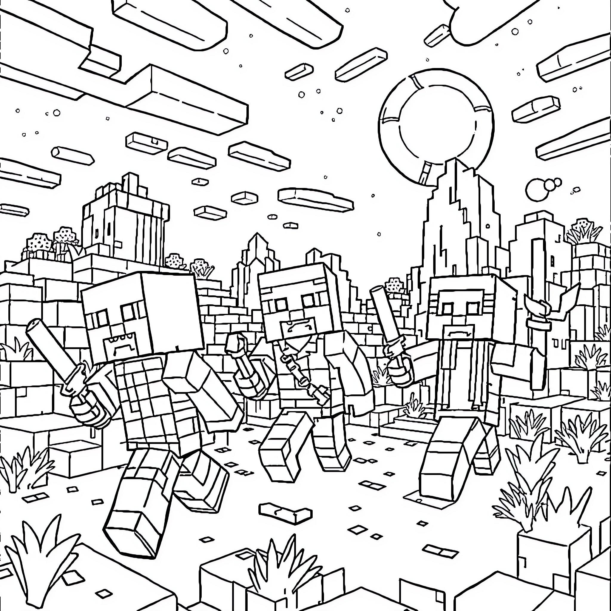 Minecraft Character Exploring the City Skyline Coloring Page (free black-and-white line drawing printable PDF for all, from beginners to advanced learners, including children, teens, adults, and seniors)