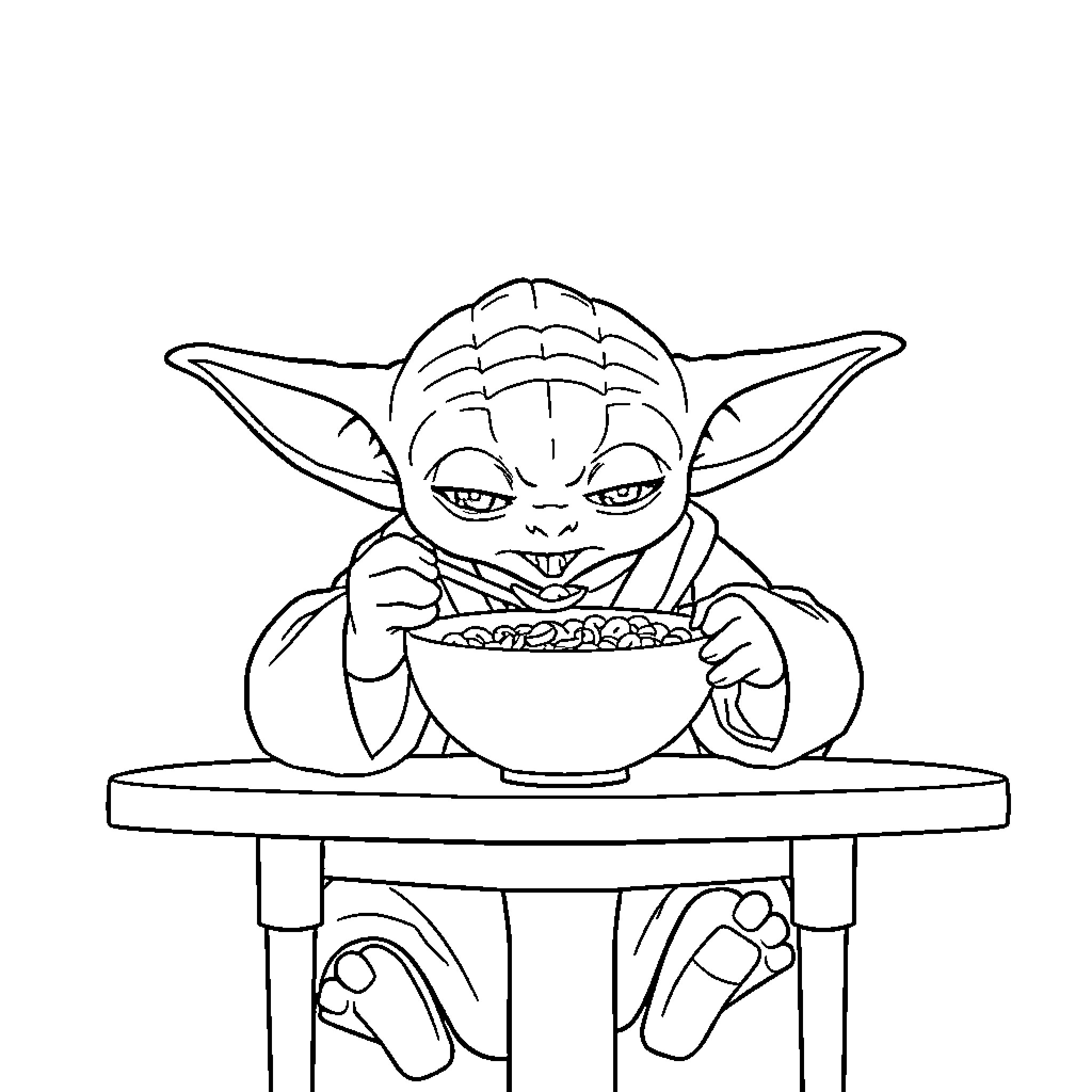 Yoda enjoying a hearty meal Coloring Page (free black-and-white line drawing printable PDF for all, from beginners to advanced learners, including children, teens, adults, and seniors)