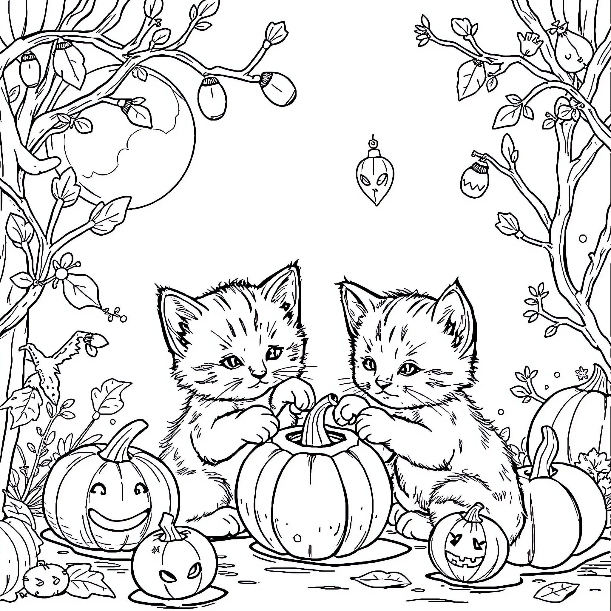 Kittens playing with pumpkins in an autumn scene Coloring Page (free black-and-white line drawing printable PDF for all, from beginners to advanced learners, including children, teens, adults, and seniors)