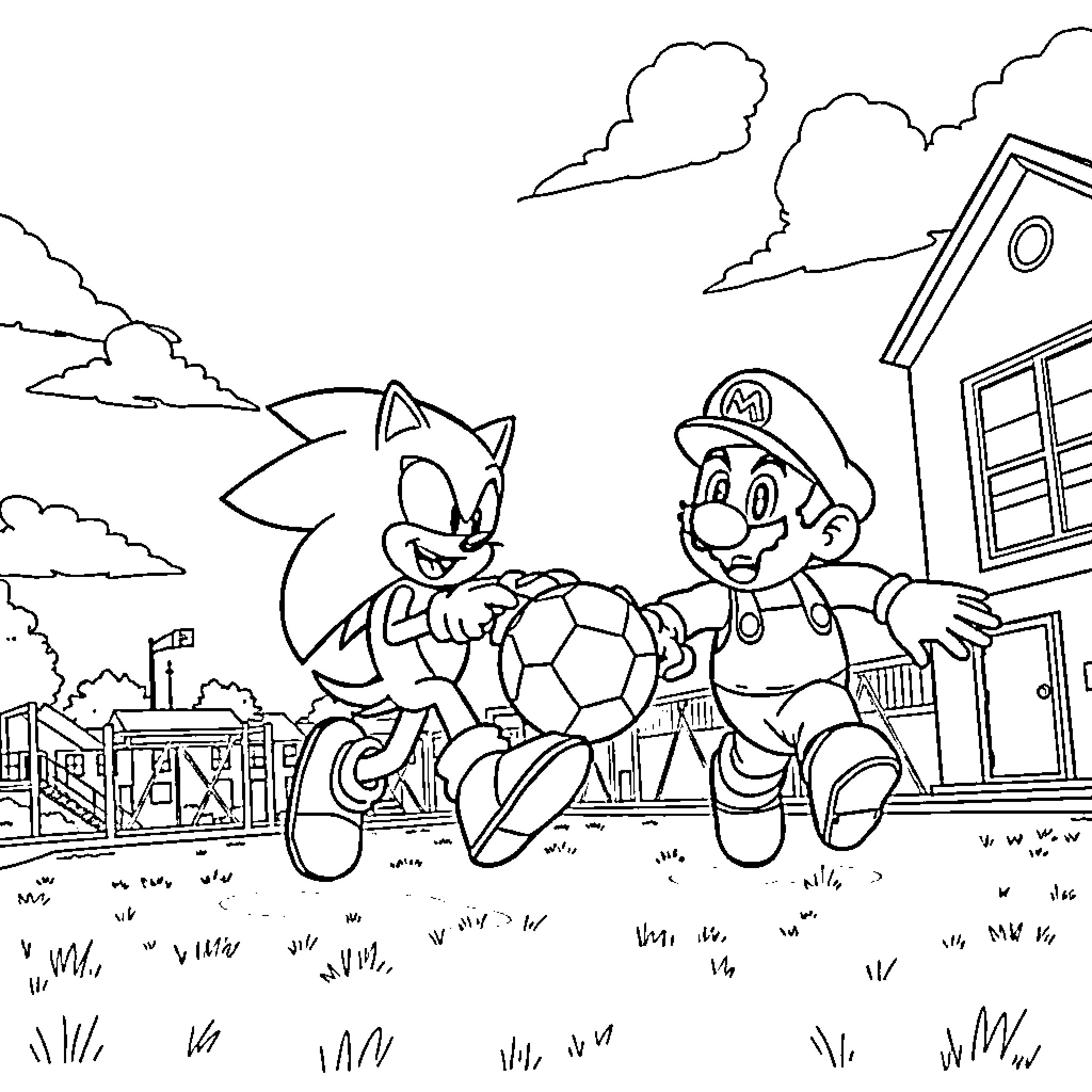Sonic and Mario Kicking Soccer Ball in Neighborhood Coloring Page (free black-and-white line drawing printable PDF for all, from beginners to advanced learners, including children, teens, adults, and seniors)