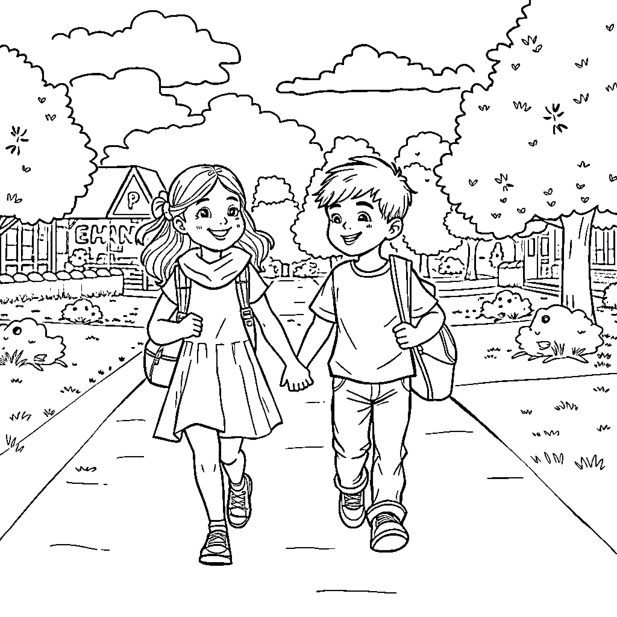 Girl friends walking together on a path Coloring Page (free black-and-white line drawing printable PDF for all, from beginners to advanced learners, including children, teens, adults, and seniors)