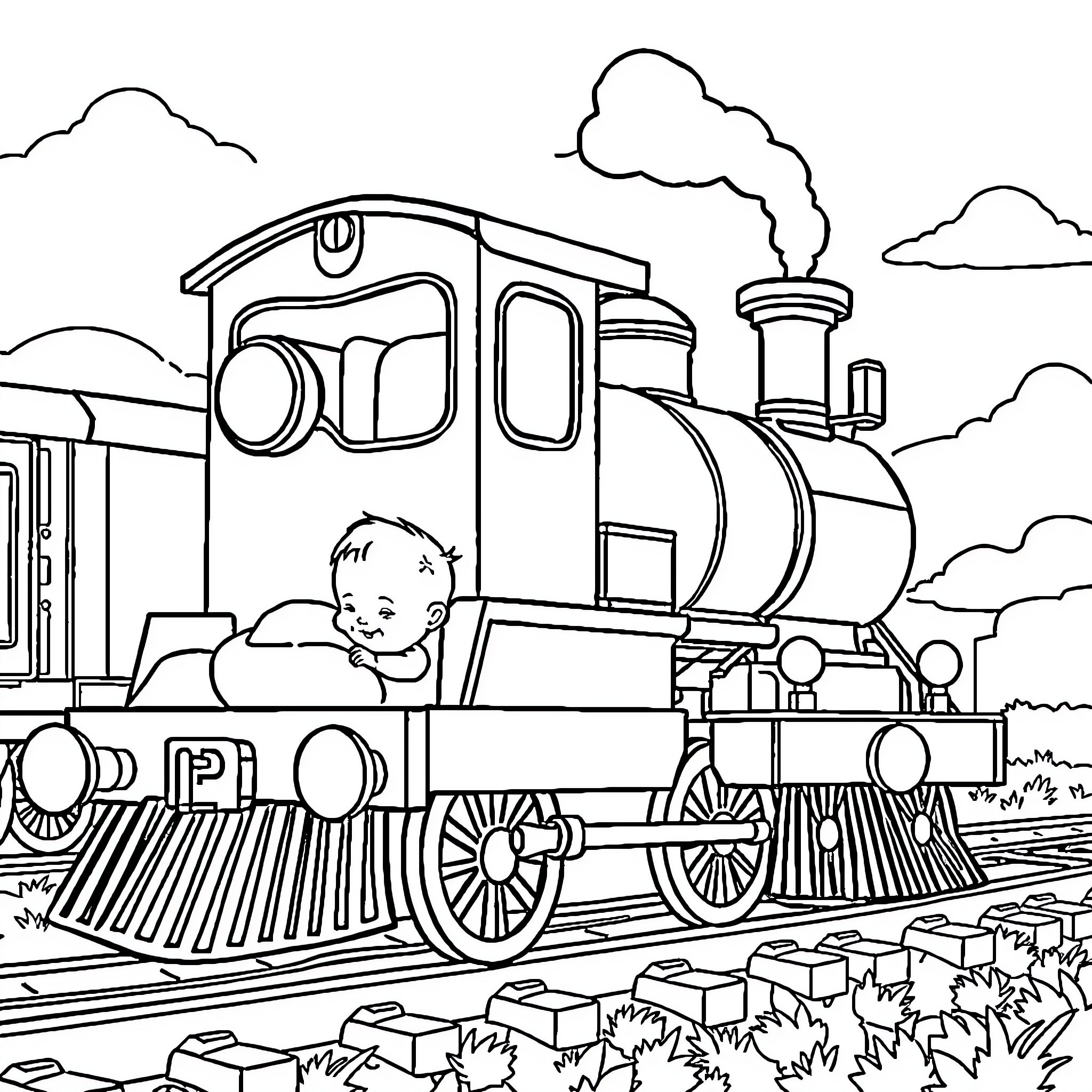 Train traveling through the countryside Coloring Page (free black-and-white line drawing printable PDF for all, from beginners to advanced learners, including children, teens, adults, and seniors)