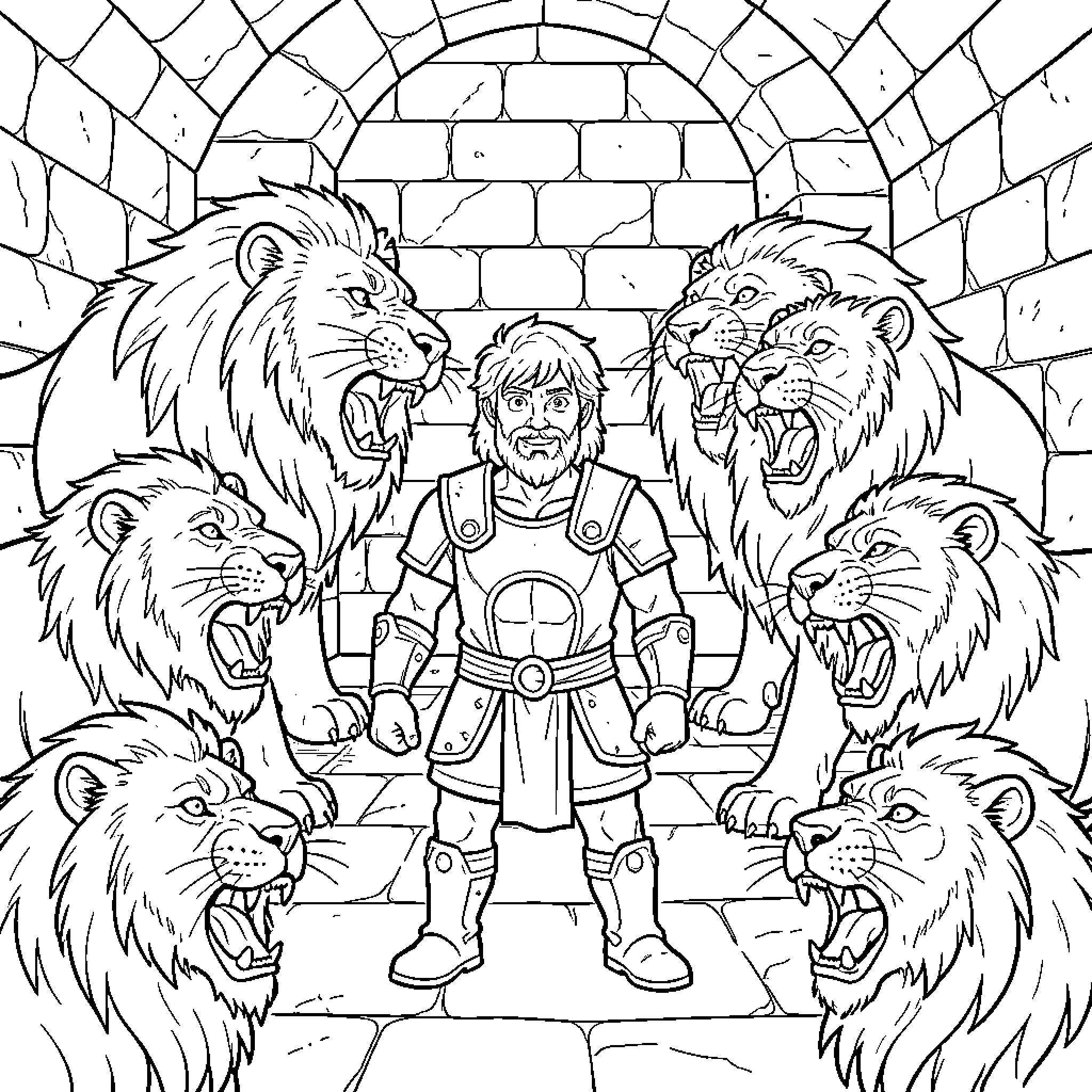 Daniel's Brave Encounter with Fierce Lions Coloring Page (free black-and-white line drawing printable PDF for all, from beginners to advanced learners, including children, teens, adults, and seniors)