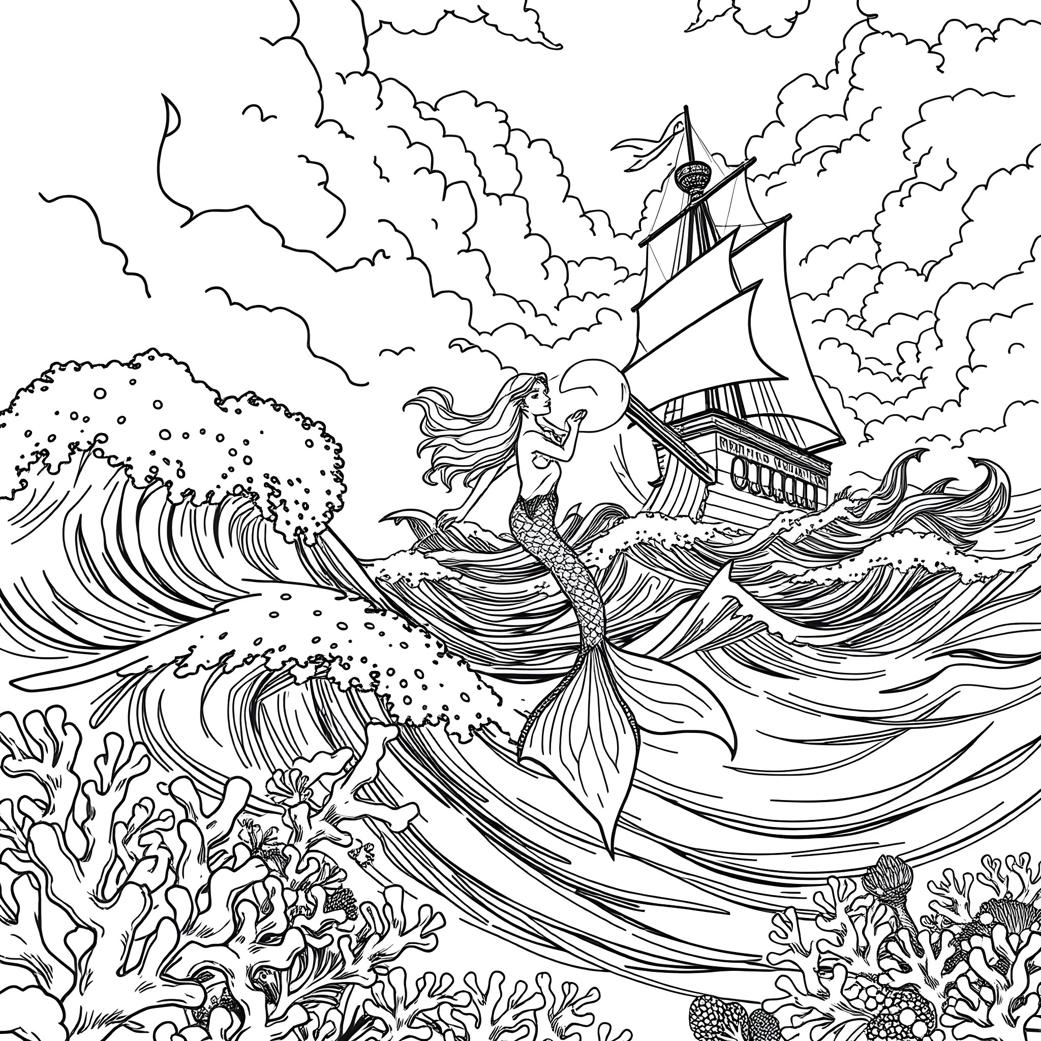 Mermaid riding waves with a sailing ship Coloring Page (free black-and-white line drawing printable PDF for all, from beginners to advanced learners, including children, teens, adults, and seniors)