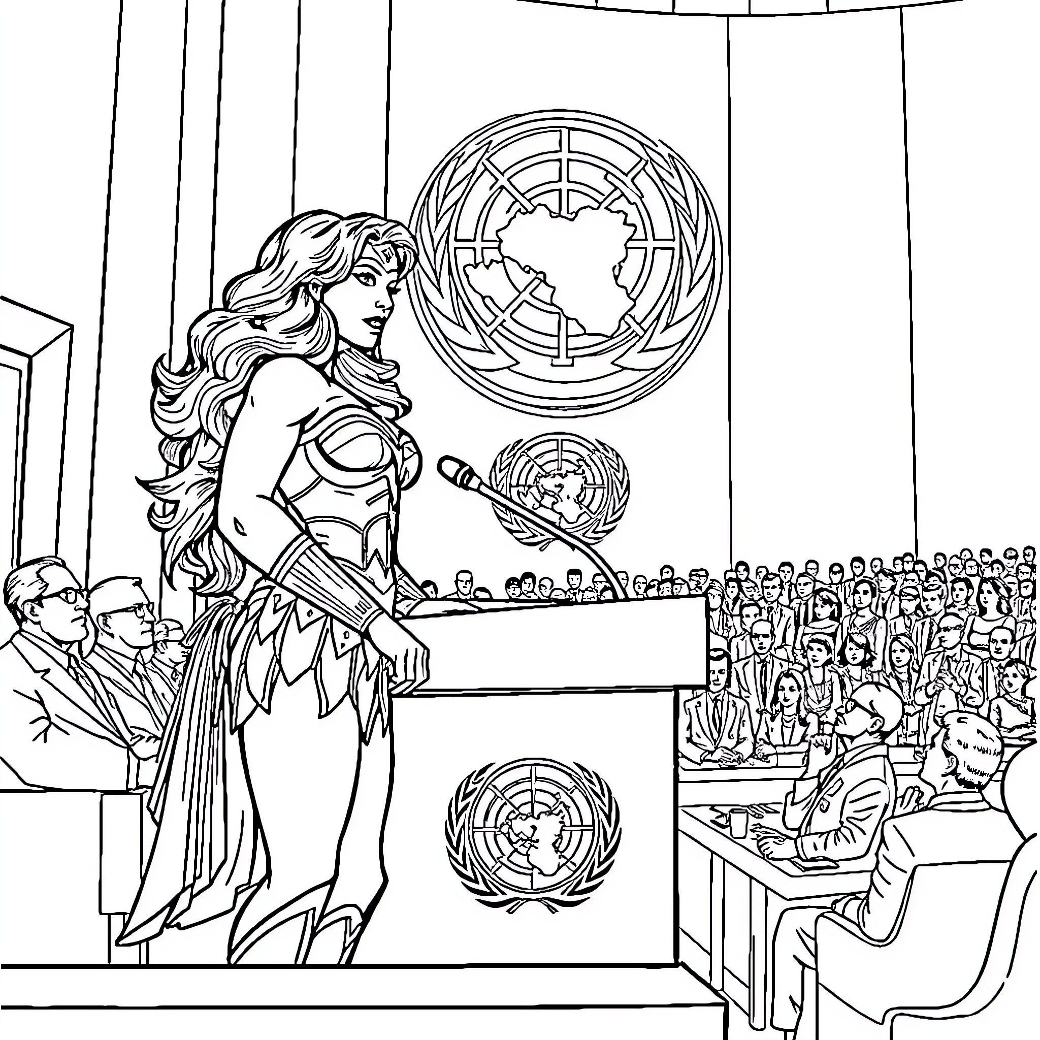 Wonder Woman addressing the United Nations assembly Coloring Page (free black-and-white line drawing printable PDF for all, from beginners to advanced learners, including children, teens, adults, and seniors)