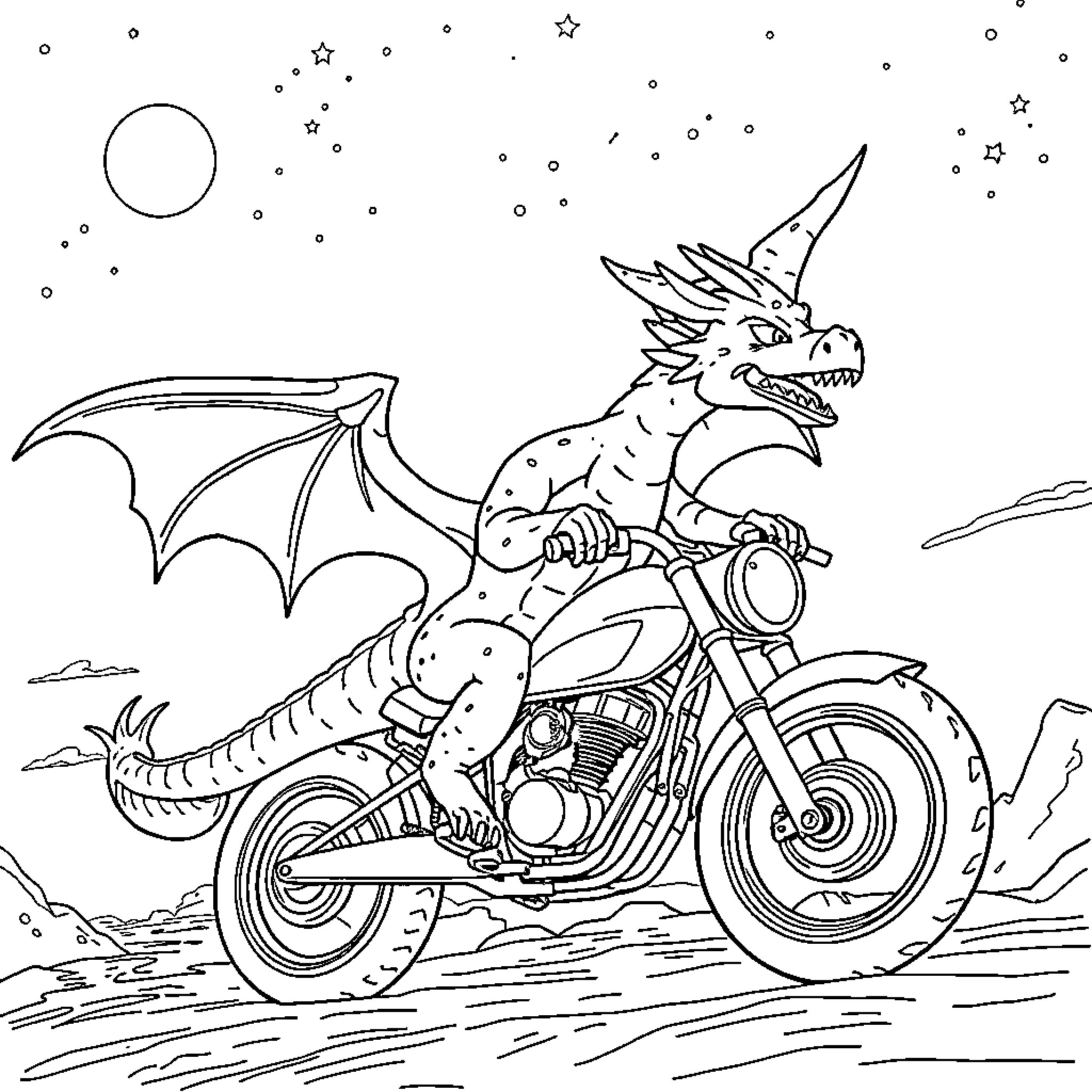 Nightfury riding a motorcycle under the starry sky Coloring Page (free black-and-white line drawing printable PDF for all, from beginners to advanced learners, including children, teens, adults, and seniors)