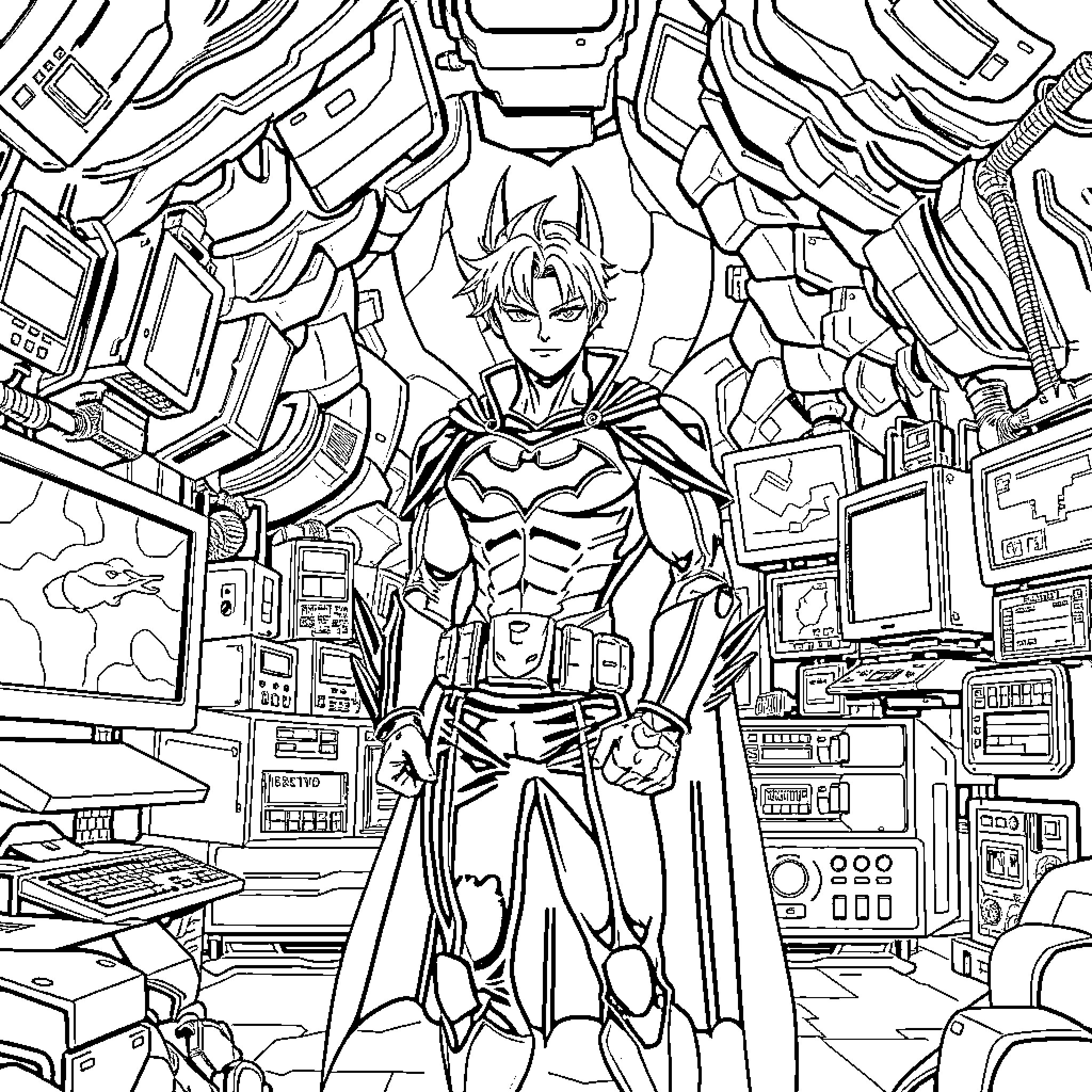 Cloud Strife, the Heroic Warrior in Futuristic Surroundings Coloring Page (free black-and-white line drawing printable PDF for all, from beginners to advanced learners, including children, teens, adults, and seniors)