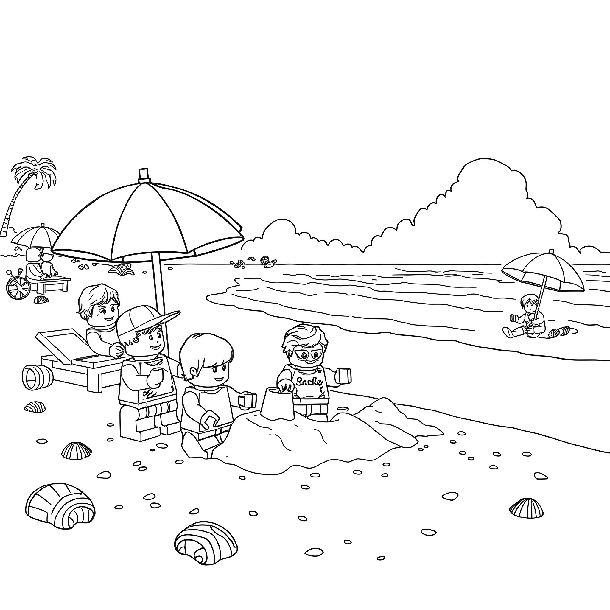 Lego People Enjoying a Day at the Beach Coloring Page (free black-and-white line drawing printable PDF for all, from beginners to advanced learners, including children, teens, adults, and seniors)