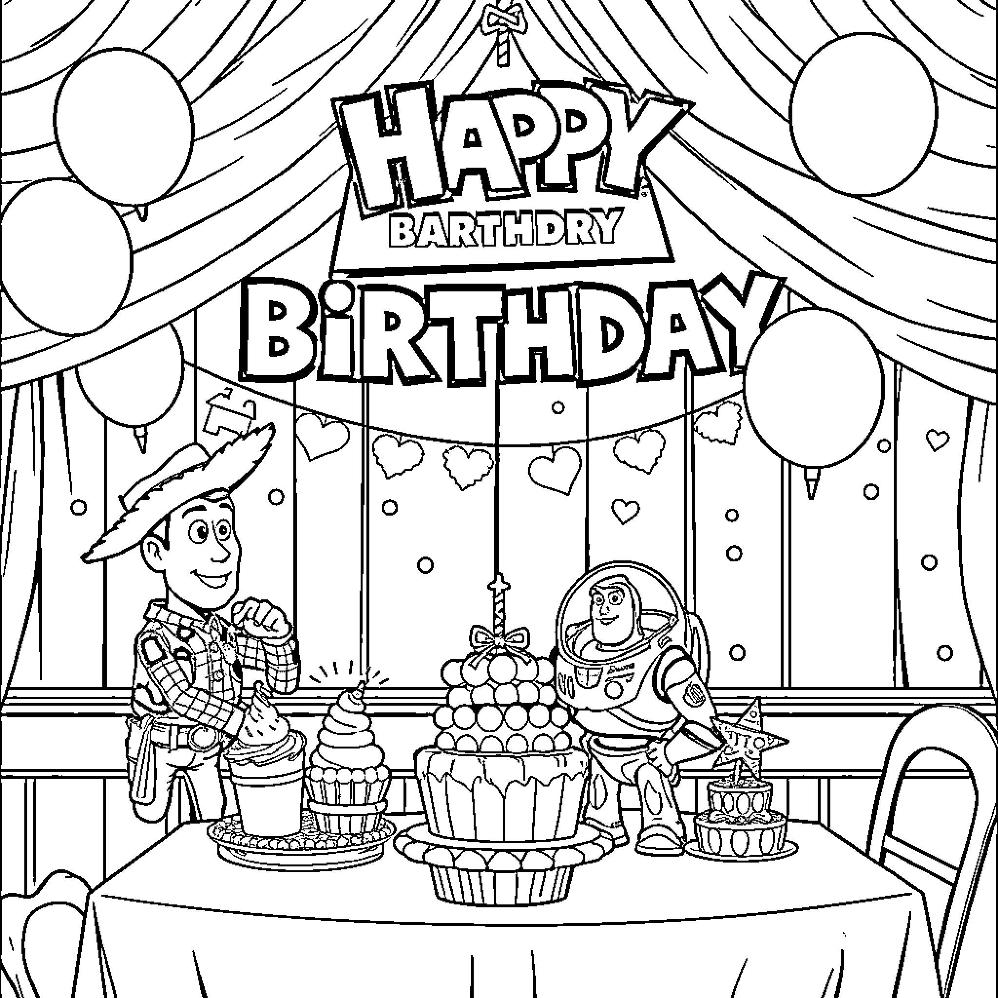 Toy Story Birthday Party with Cake and Balloons Coloring Page (free black-and-white line drawing printable PDF for all, from beginners to advanced learners, including children, teens, adults, and seniors)