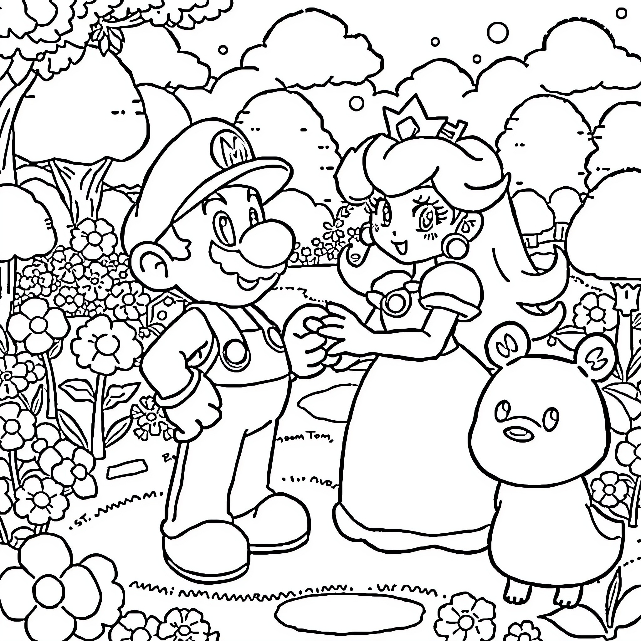 Mario and Princess Embracing in Fantastical Landscape Coloring Page (free black-and-white line drawing printable PDF for all, from beginners to advanced learners, including children, teens, adults, and seniors)