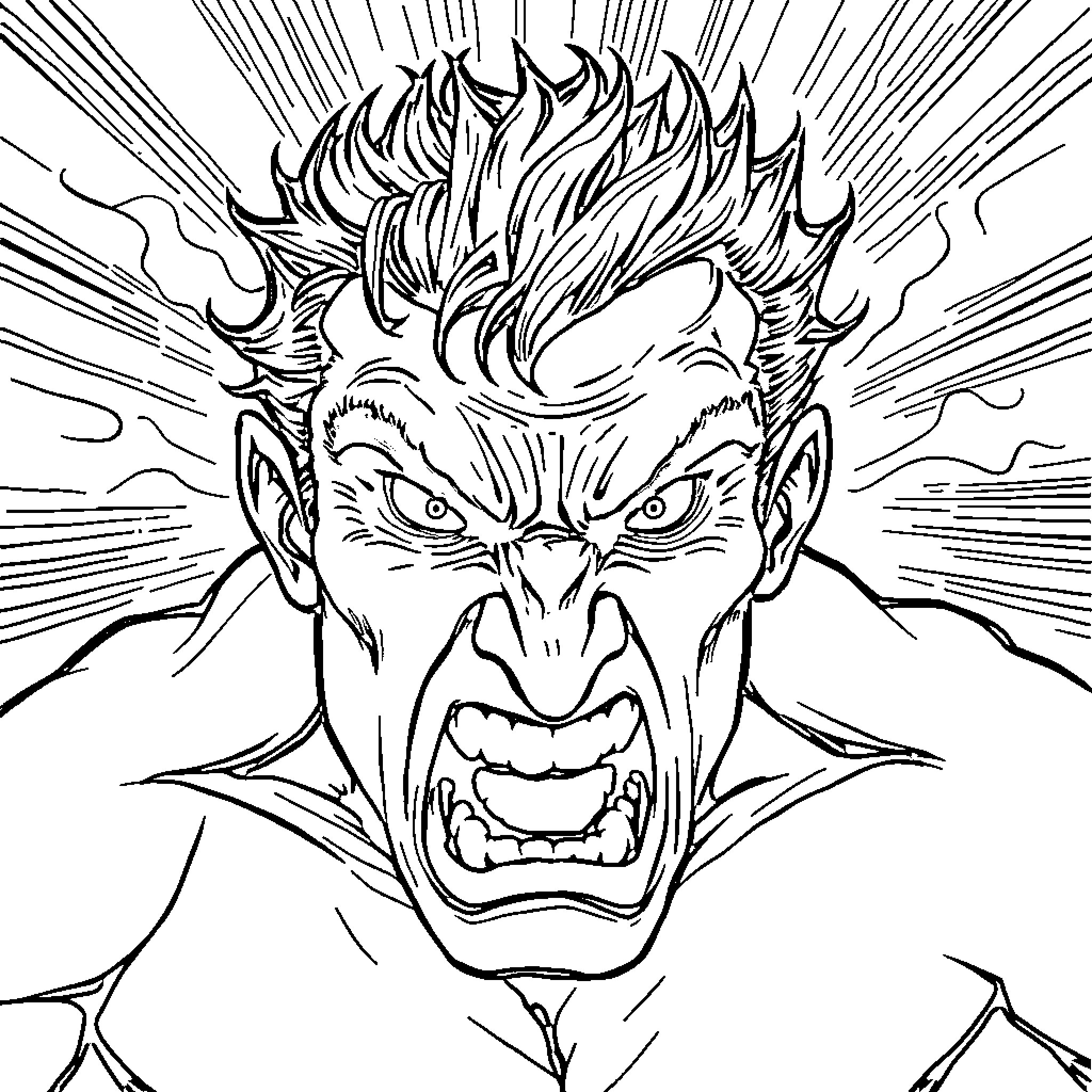 Intense expression of an angry comic book character Coloring Page (free black-and-white line drawing printable PDF for all, from beginners to advanced learners, including children, teens, adults, and seniors)