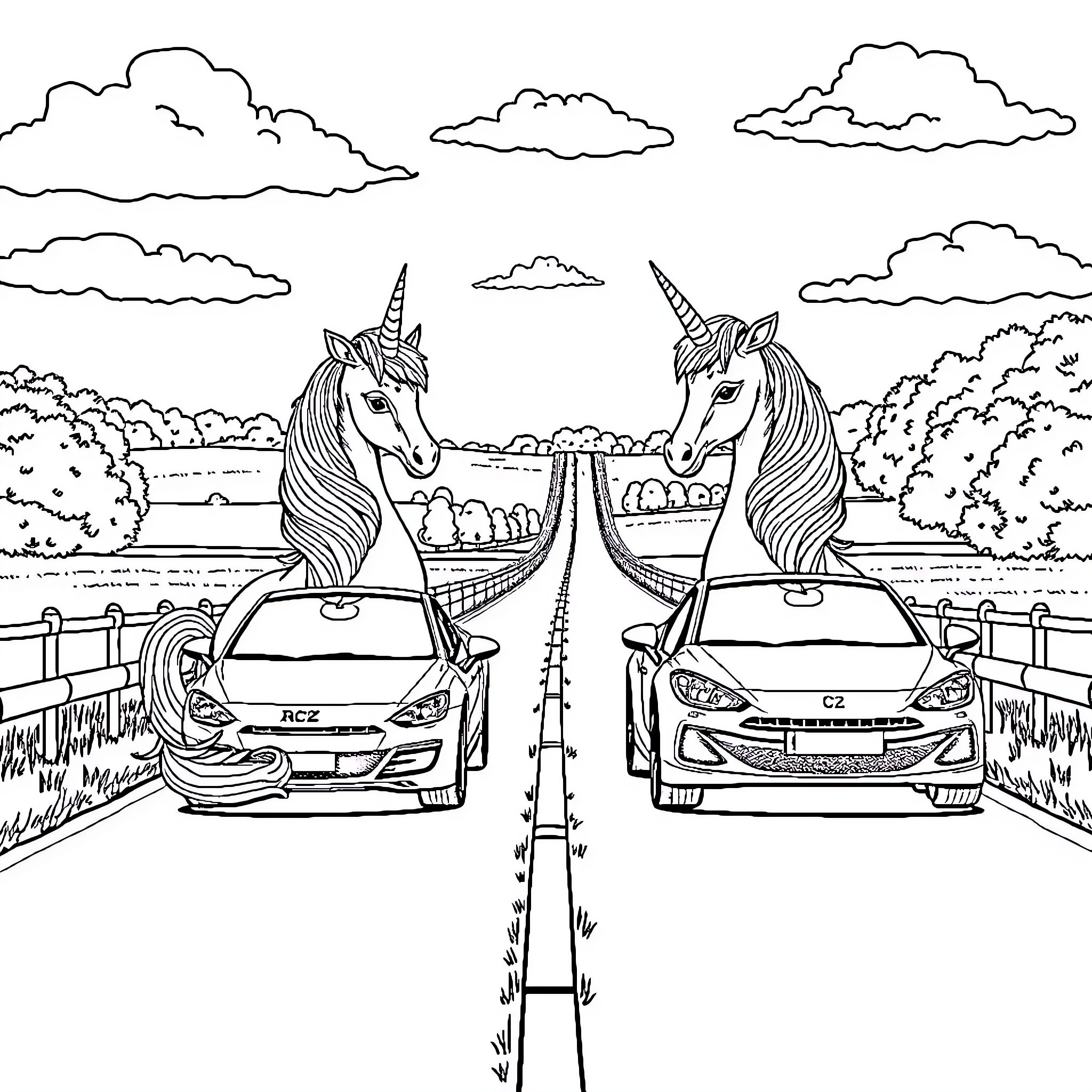 Licorne unicorns racing together on the road Coloring Page (free black-and-white line drawing printable PDF for all, from beginners to advanced learners, including children, teens, adults, and seniors)