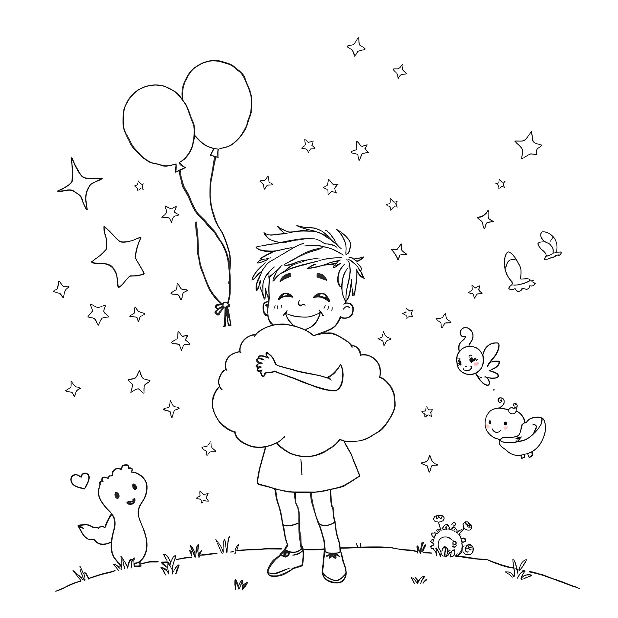 Dream of a happy child surrounded by balloons and stars Coloring Page (free black-and-white line drawing printable PDF for all, from beginners to advanced learners, including children, teens, adults, and seniors)