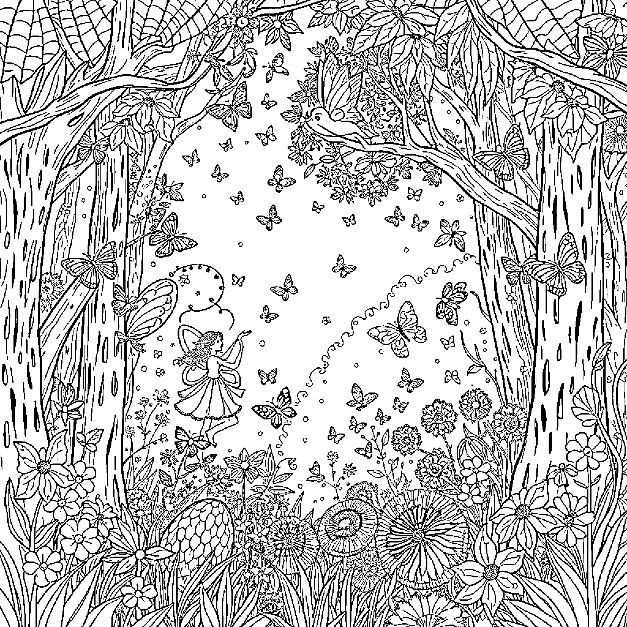 Fairy Frolicking among Flowers and Butterflies Coloring Page (free black-and-white line drawing printable PDF for all, from beginners to advanced learners, including children, teens, adults, and seniors)