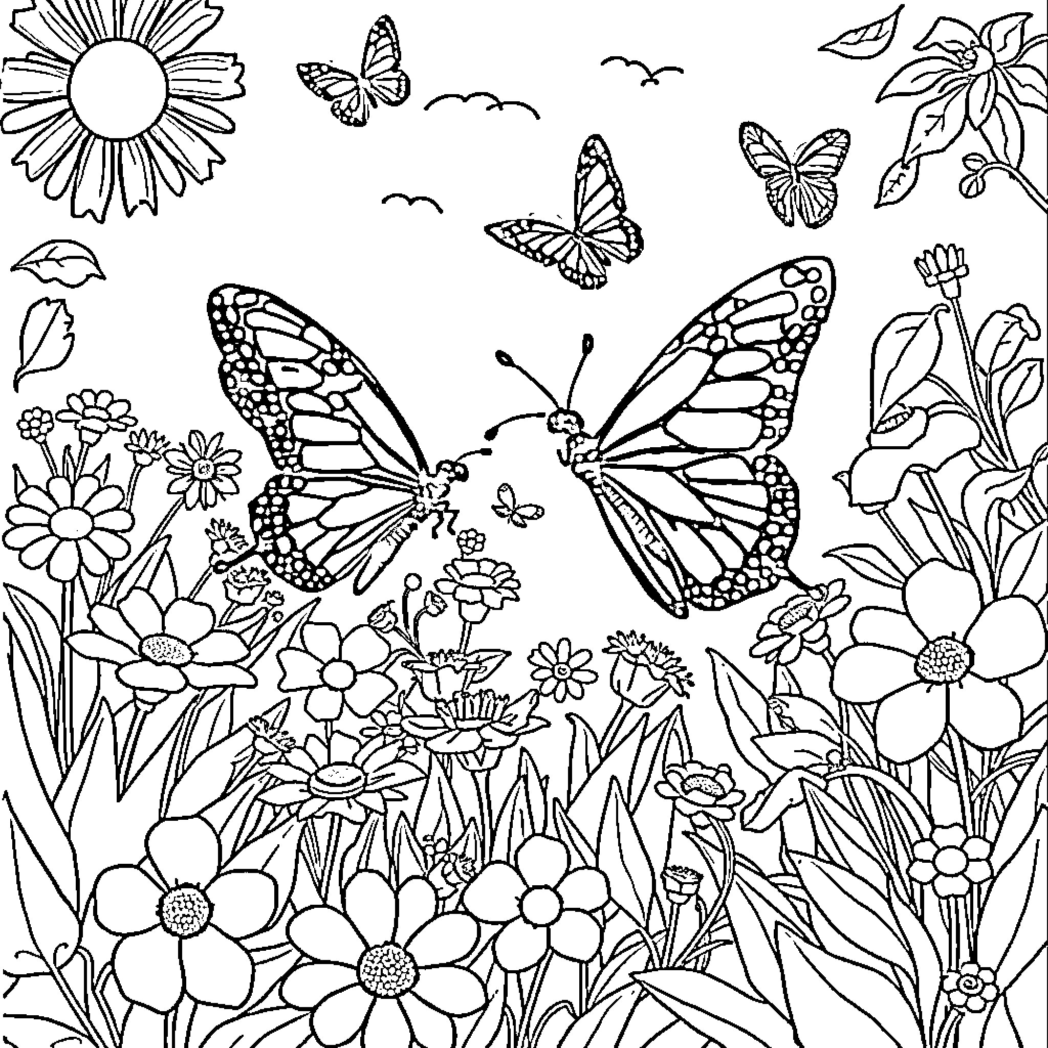 Butterflies amidst vibrant floral landscape Coloring Page (free black-and-white line drawing printable PDF for all, from beginners to advanced learners, including children, teens, adults, and seniors)