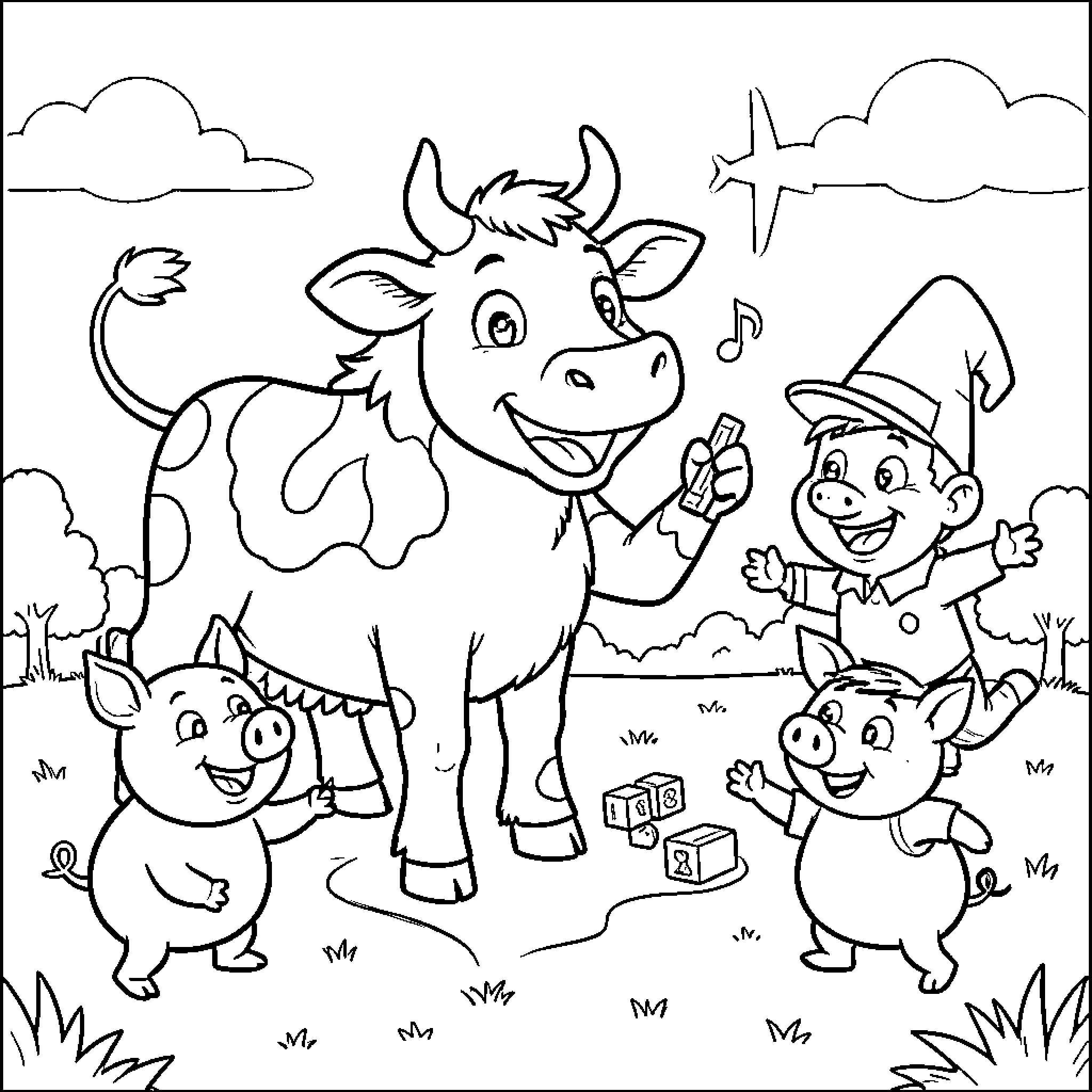 Cow and its farm friends enjoying outdoor activities Coloring Page (free black-and-white line drawing printable PDF for all, from beginners to advanced learners, including children, teens, adults, and seniors)